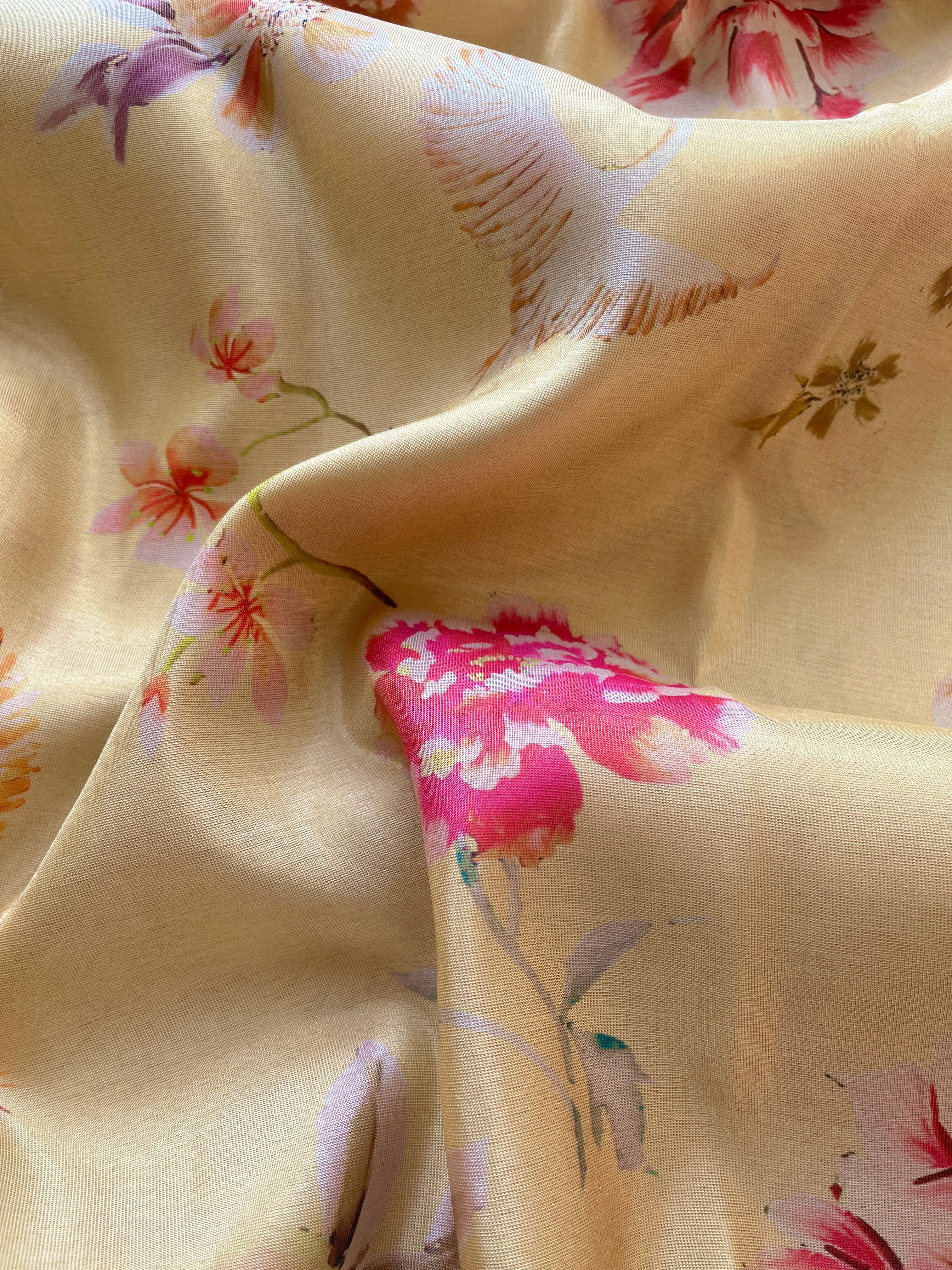 Yellow Tussar floral printed saree