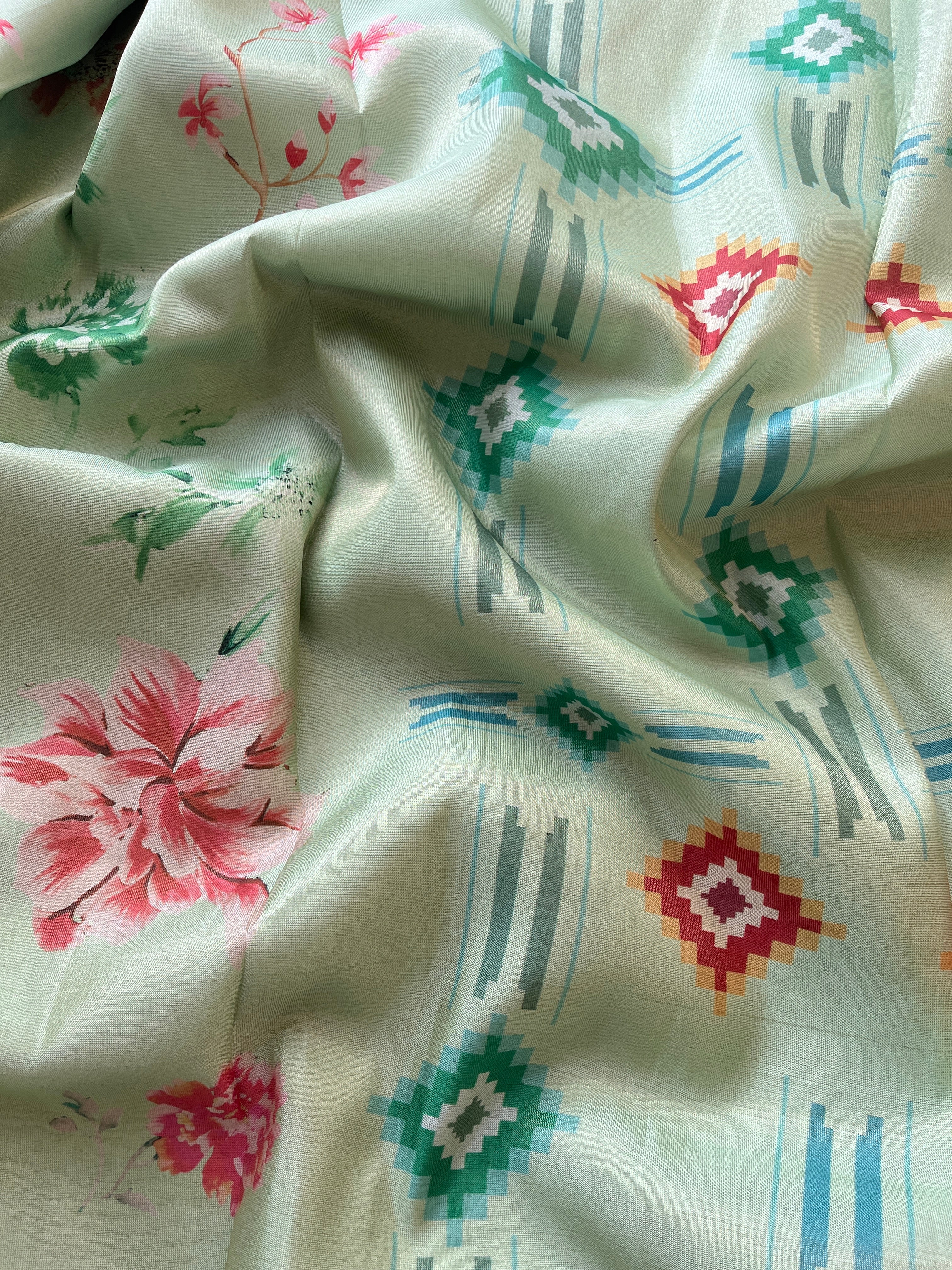 Green Tussar floral printed saree