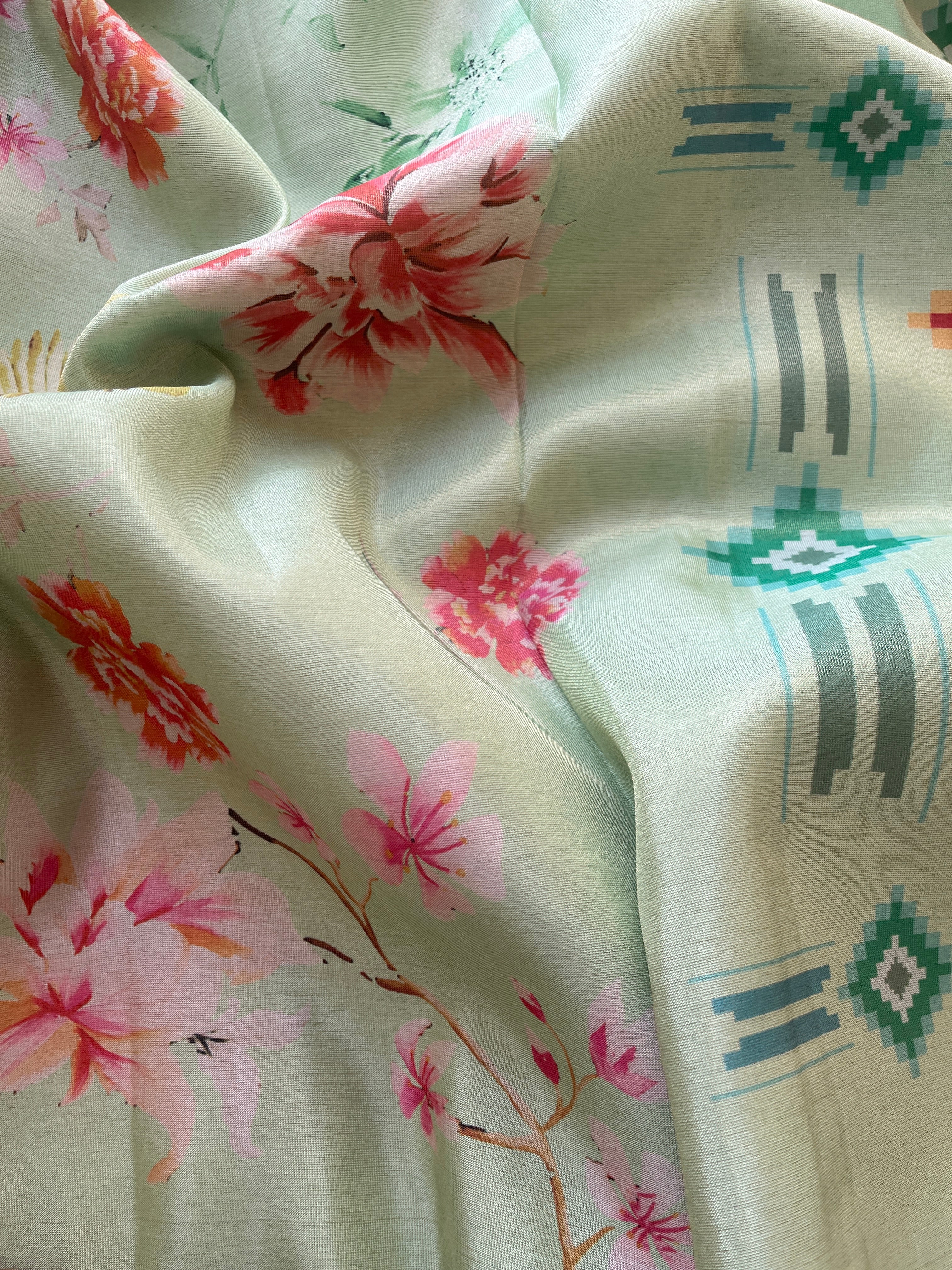 Green Tussar floral printed saree