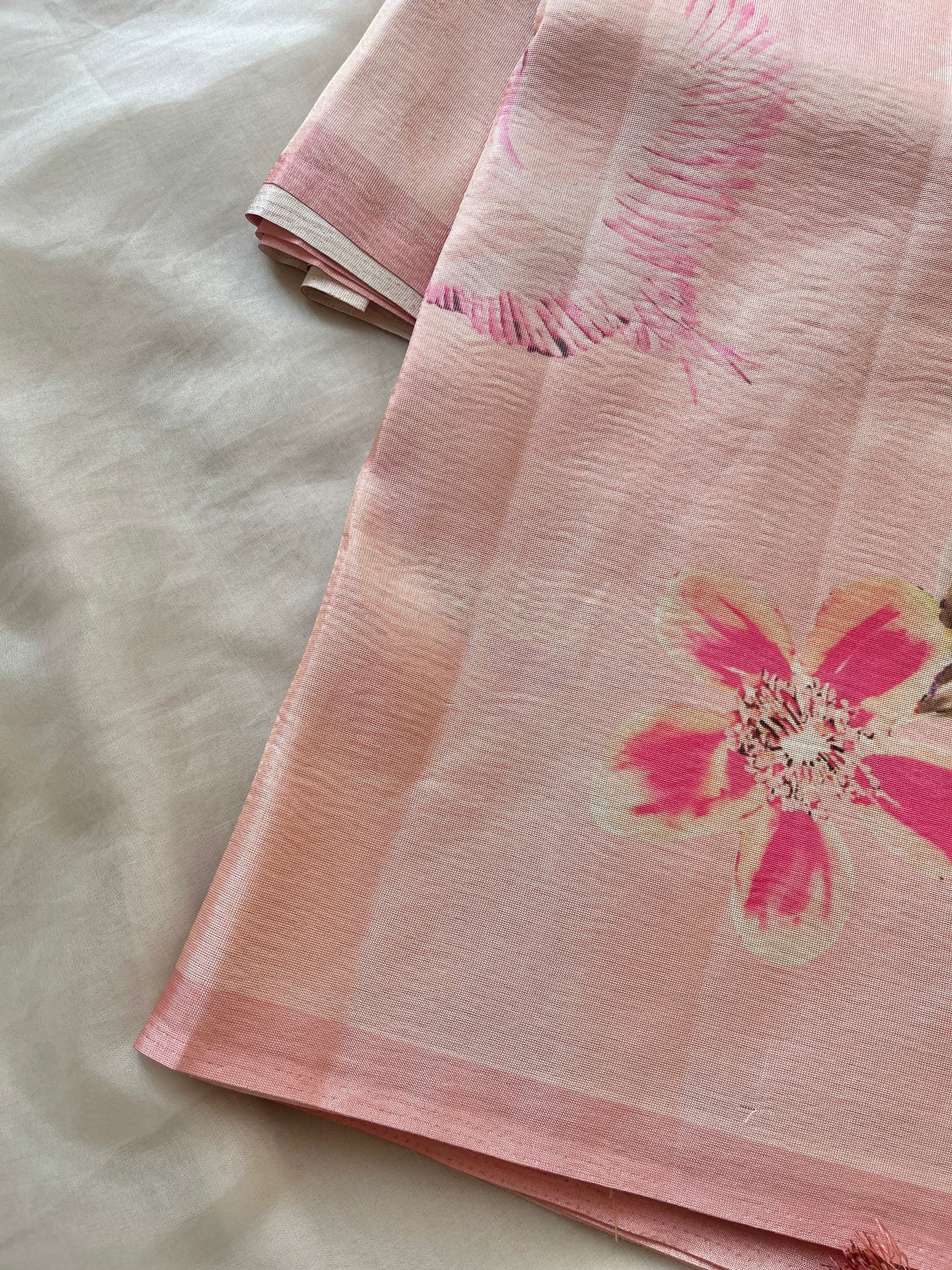 Peach Tussar floral printed saree