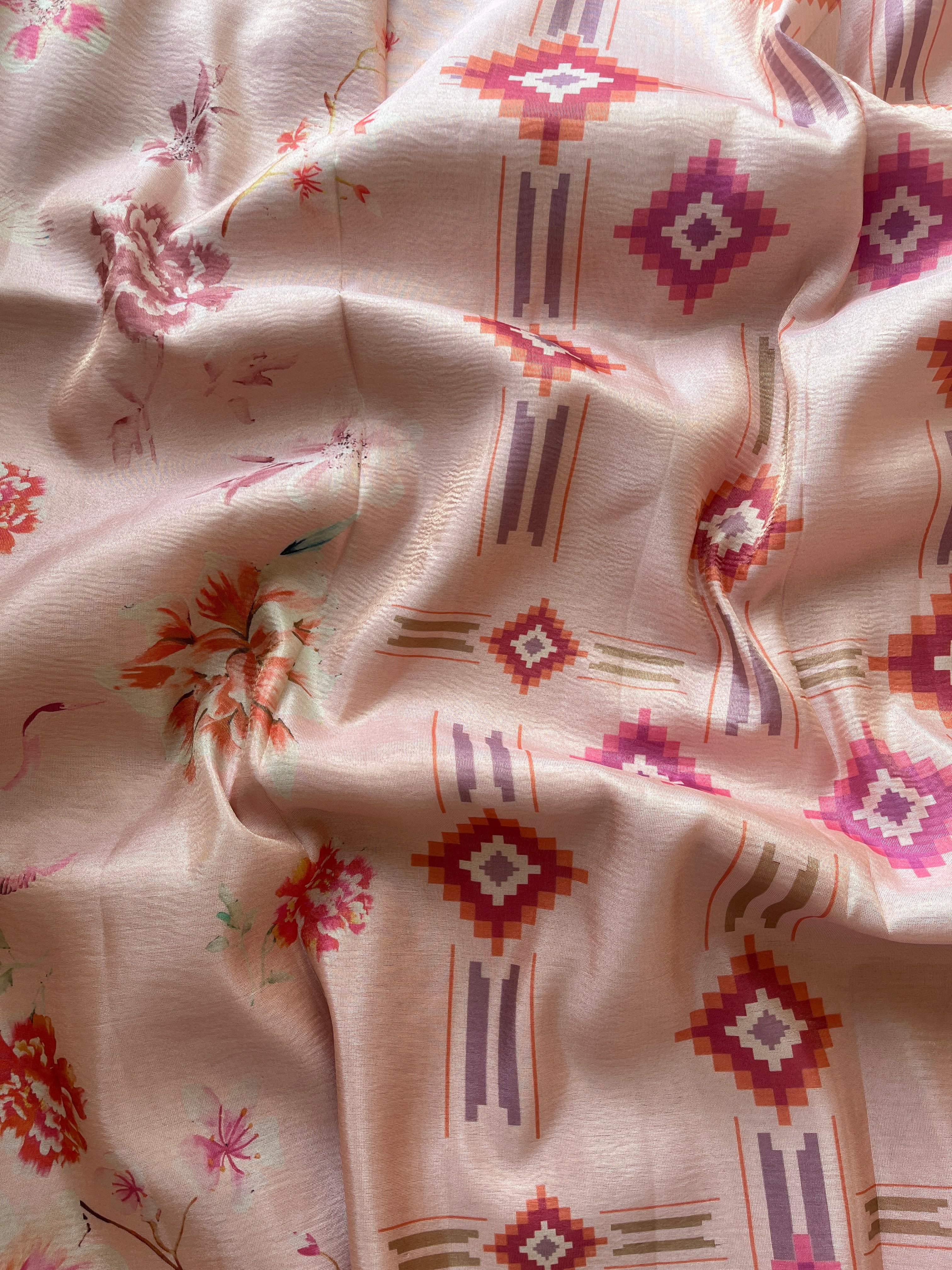 Peach Tussar floral printed saree