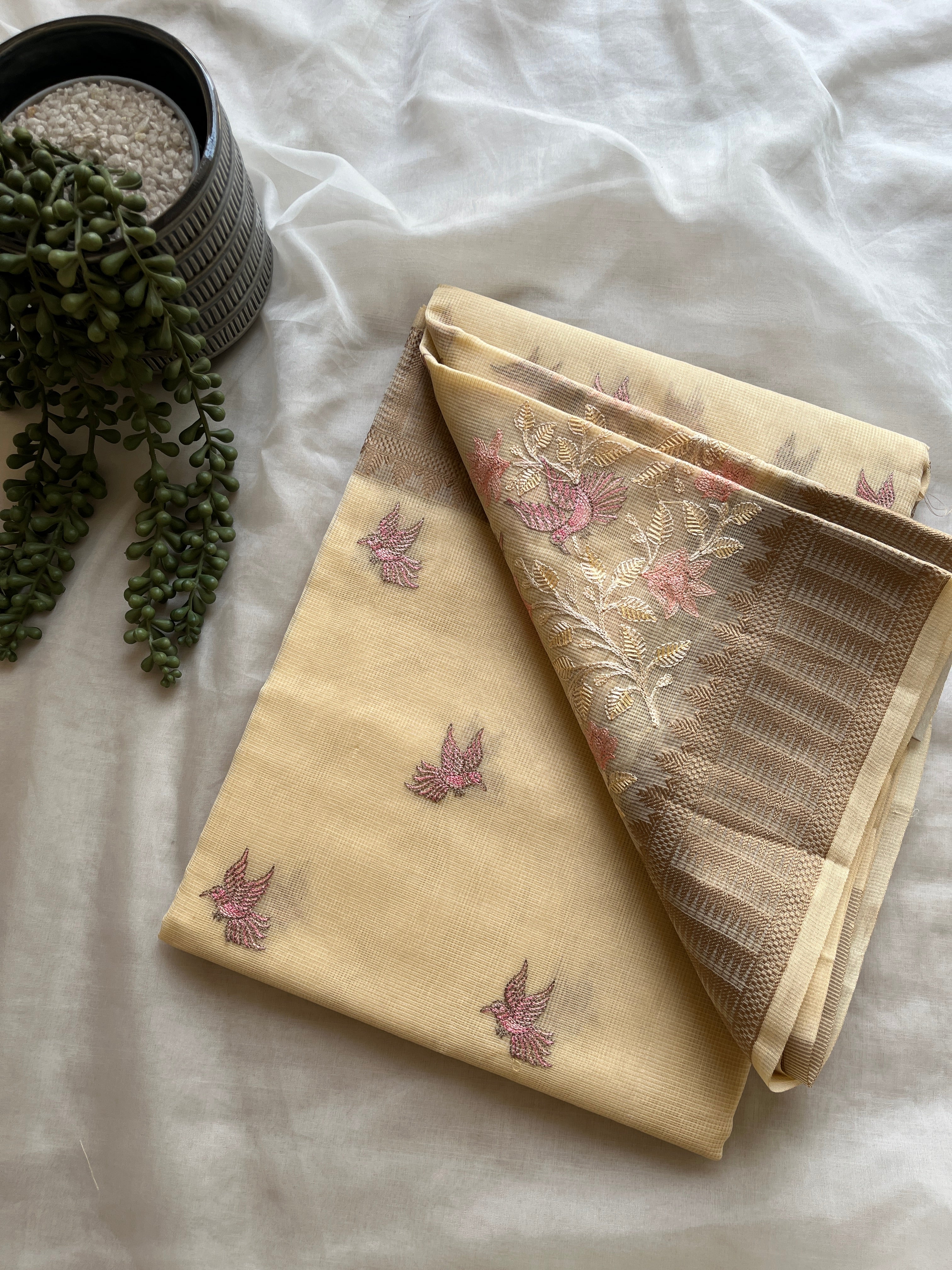 Butter yellow linen blend embroidered saree