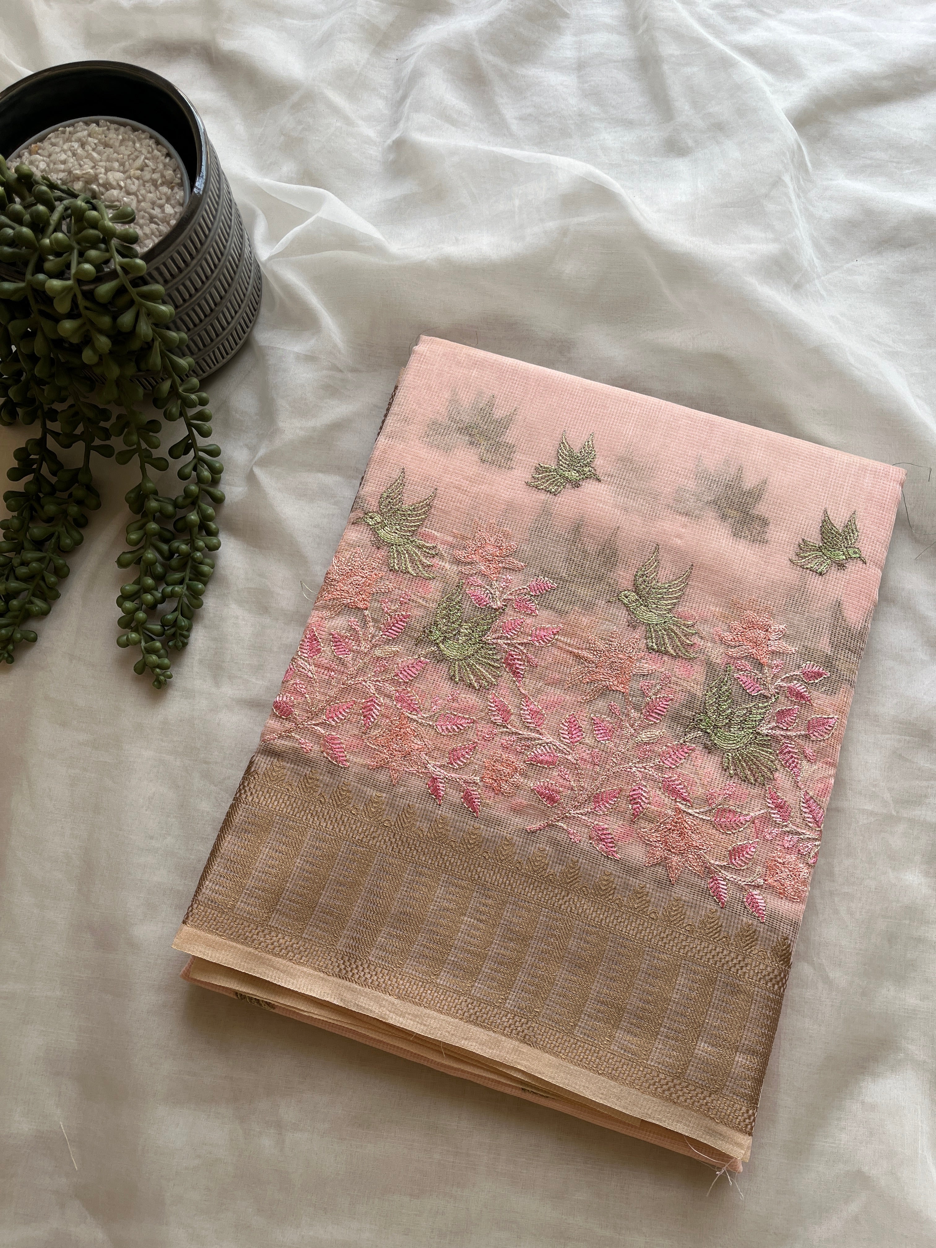 Soft Pink linen blend embroidered saree