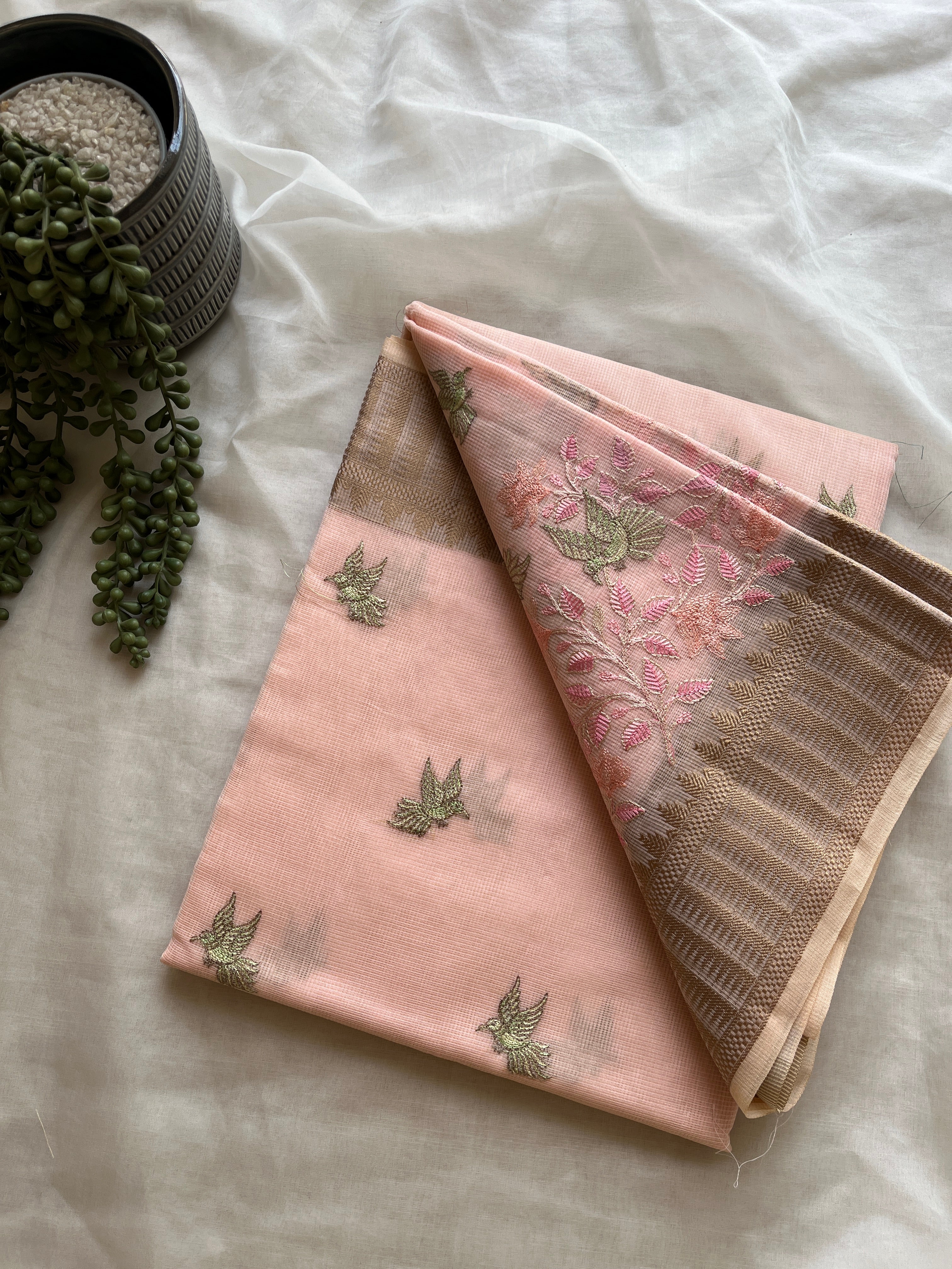 Soft Pink linen blend embroidered saree