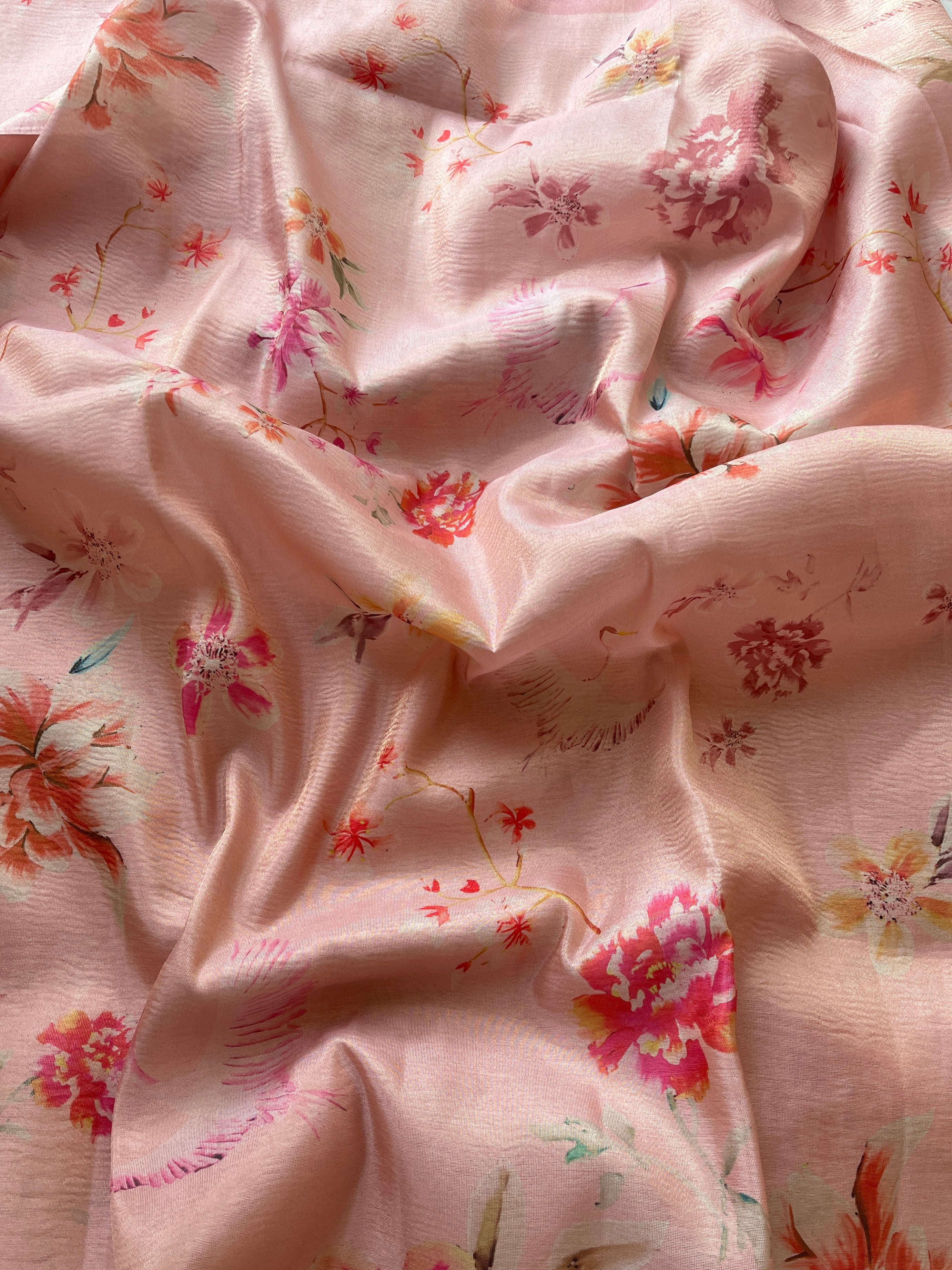 Peach Tussar floral printed saree