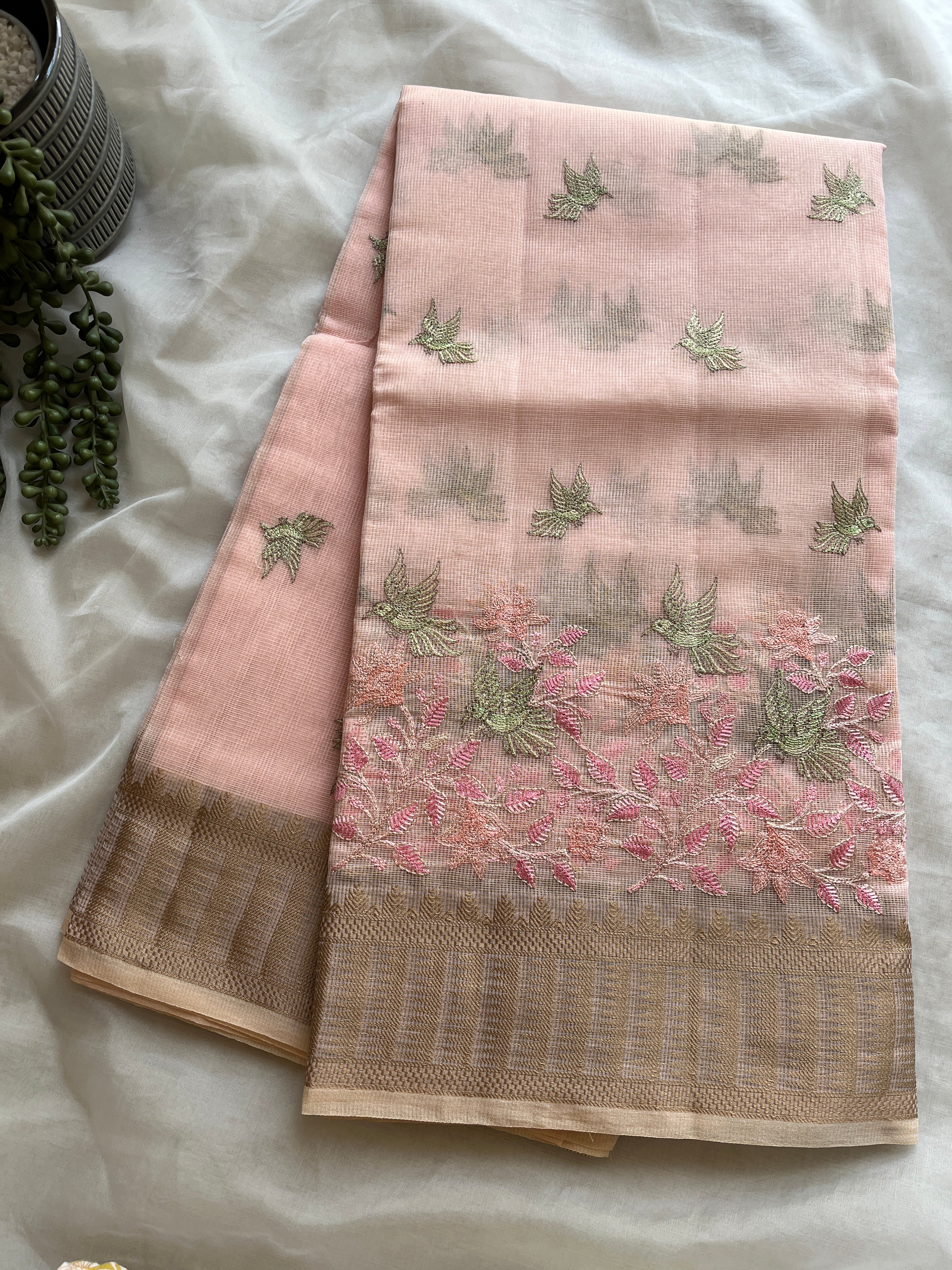 Soft Pink linen blend embroidered saree