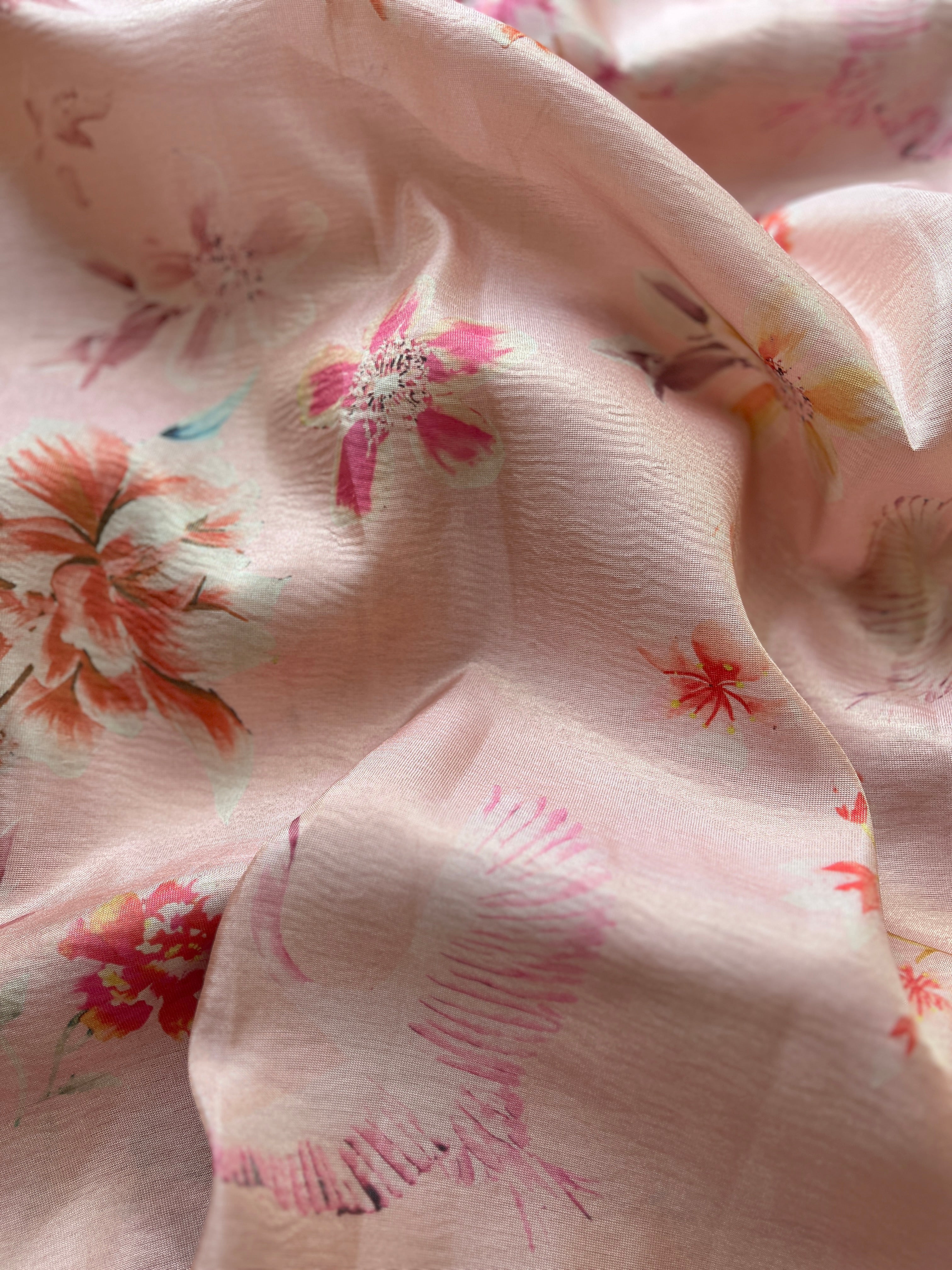 Peach Tussar floral printed saree