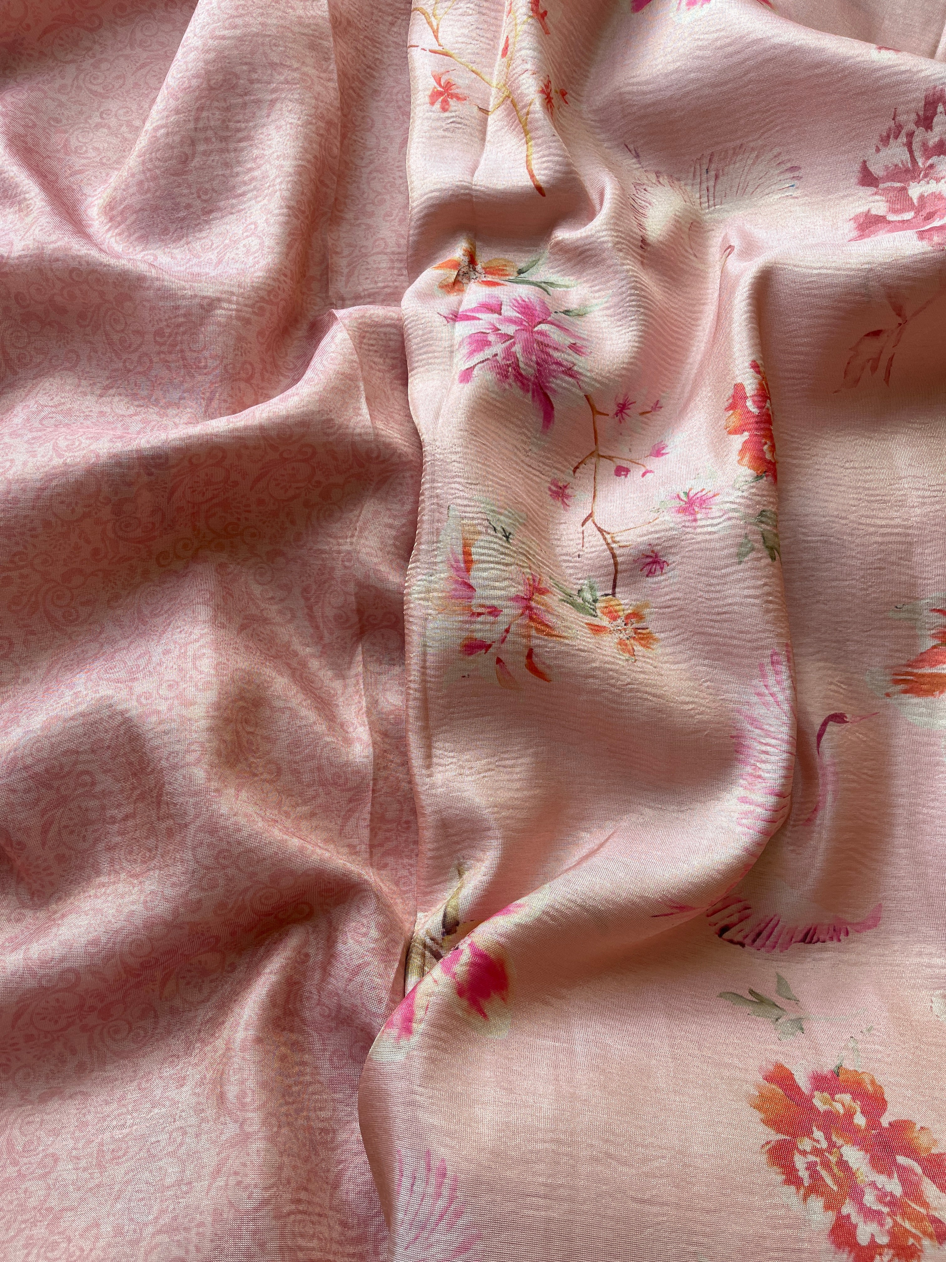 Peach Tussar floral printed saree