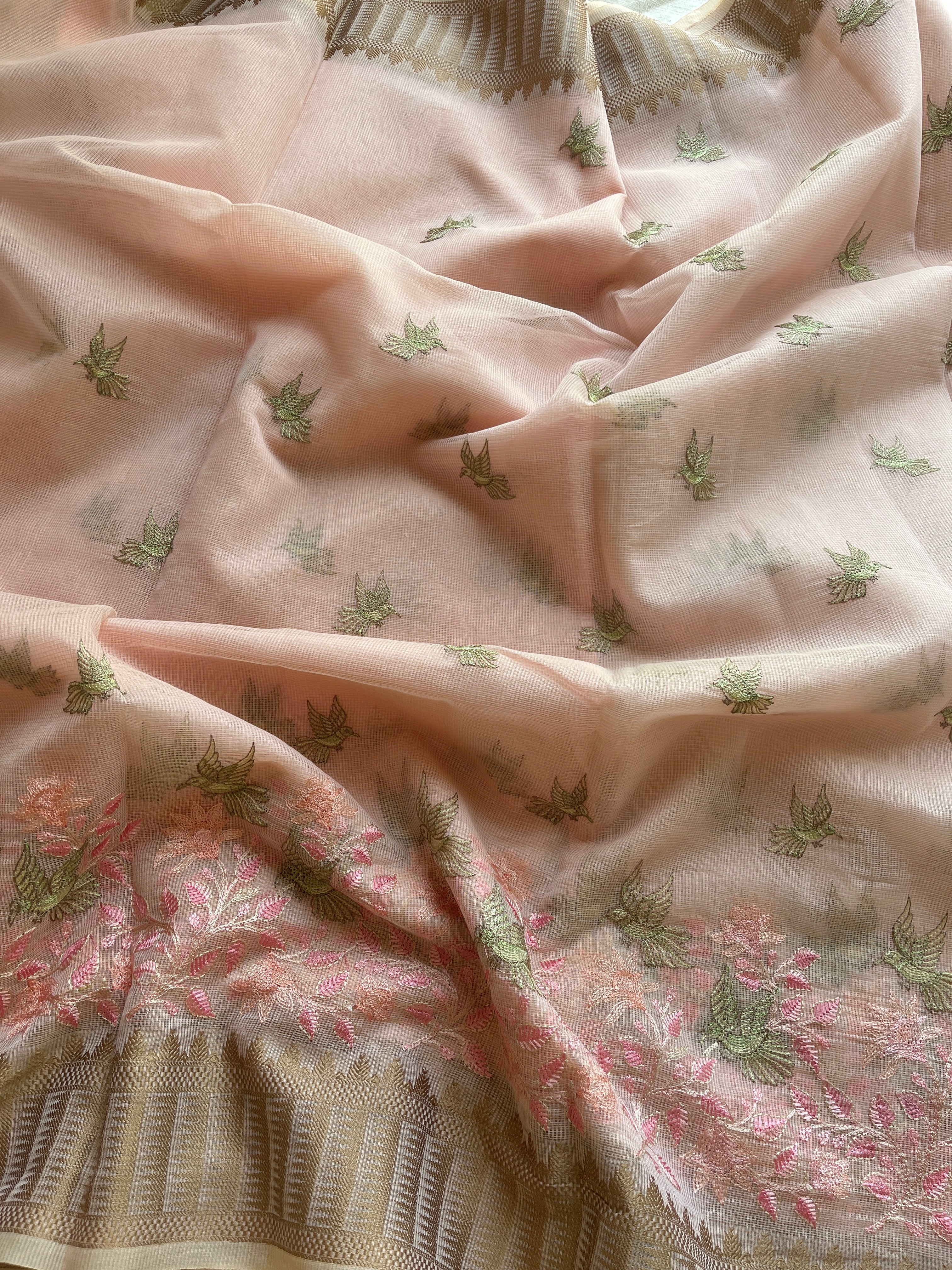 Soft Pink linen blend embroidered saree
