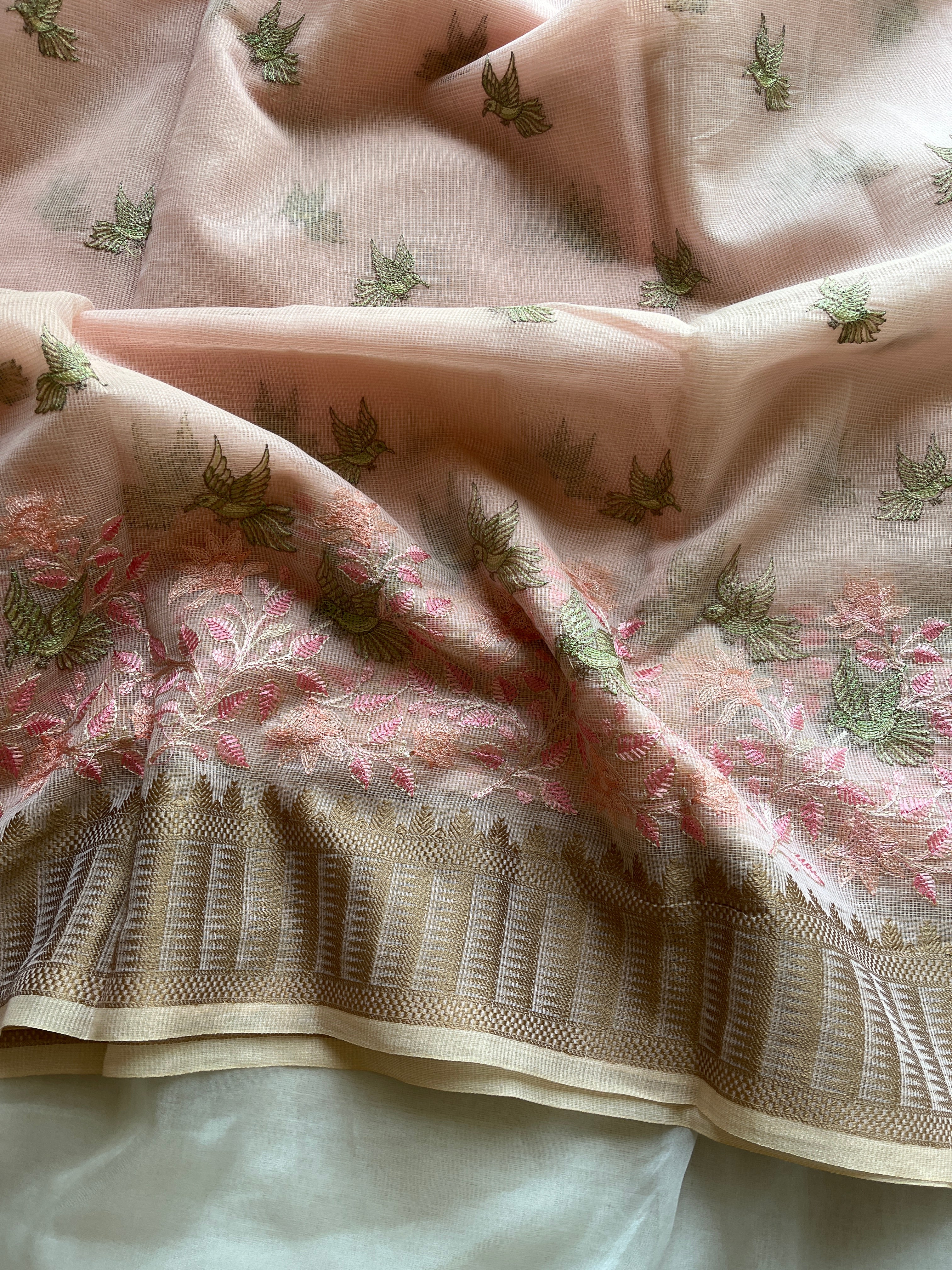 Soft Pink linen blend embroidered saree