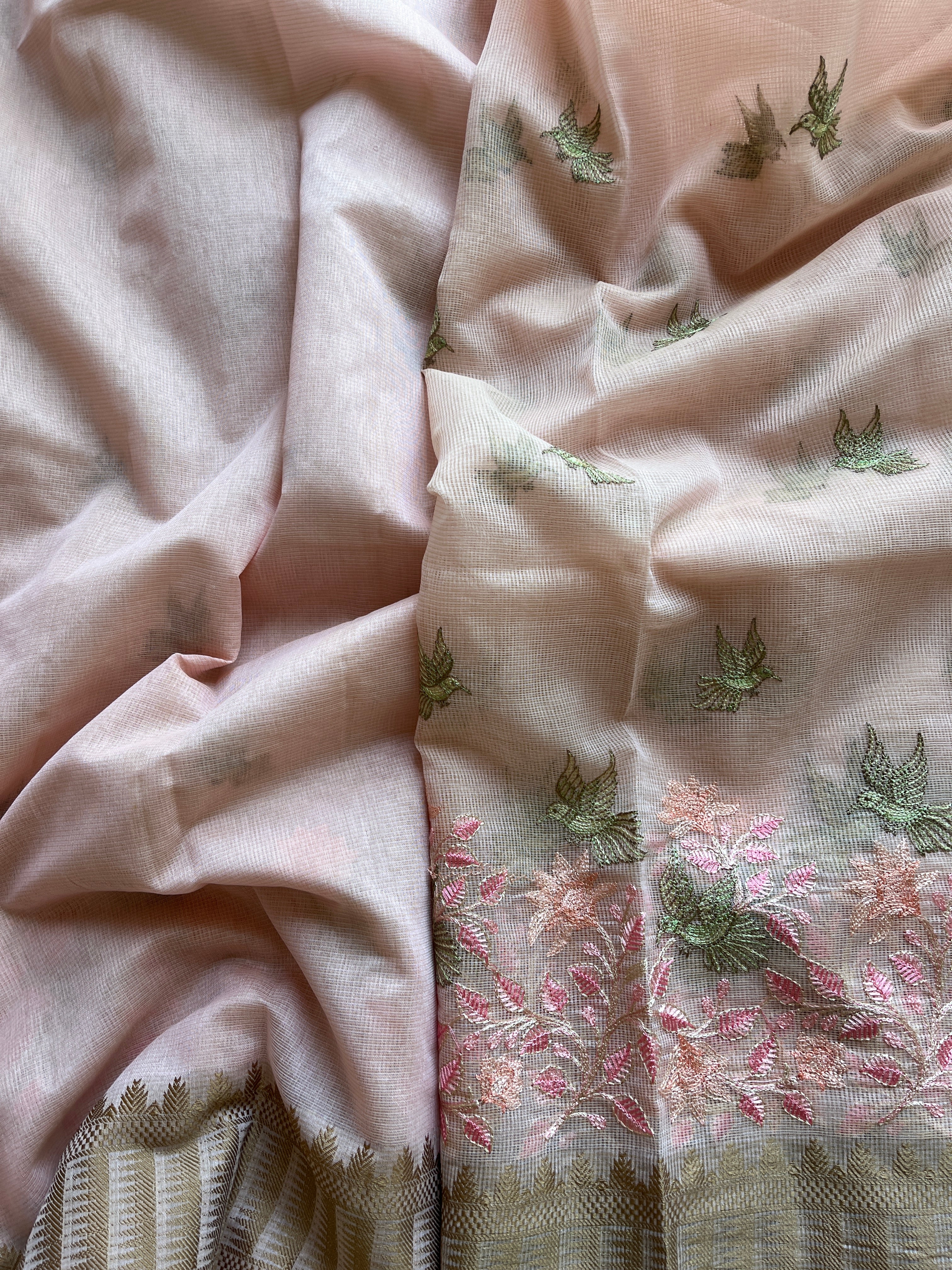 Soft Pink linen blend embroidered saree