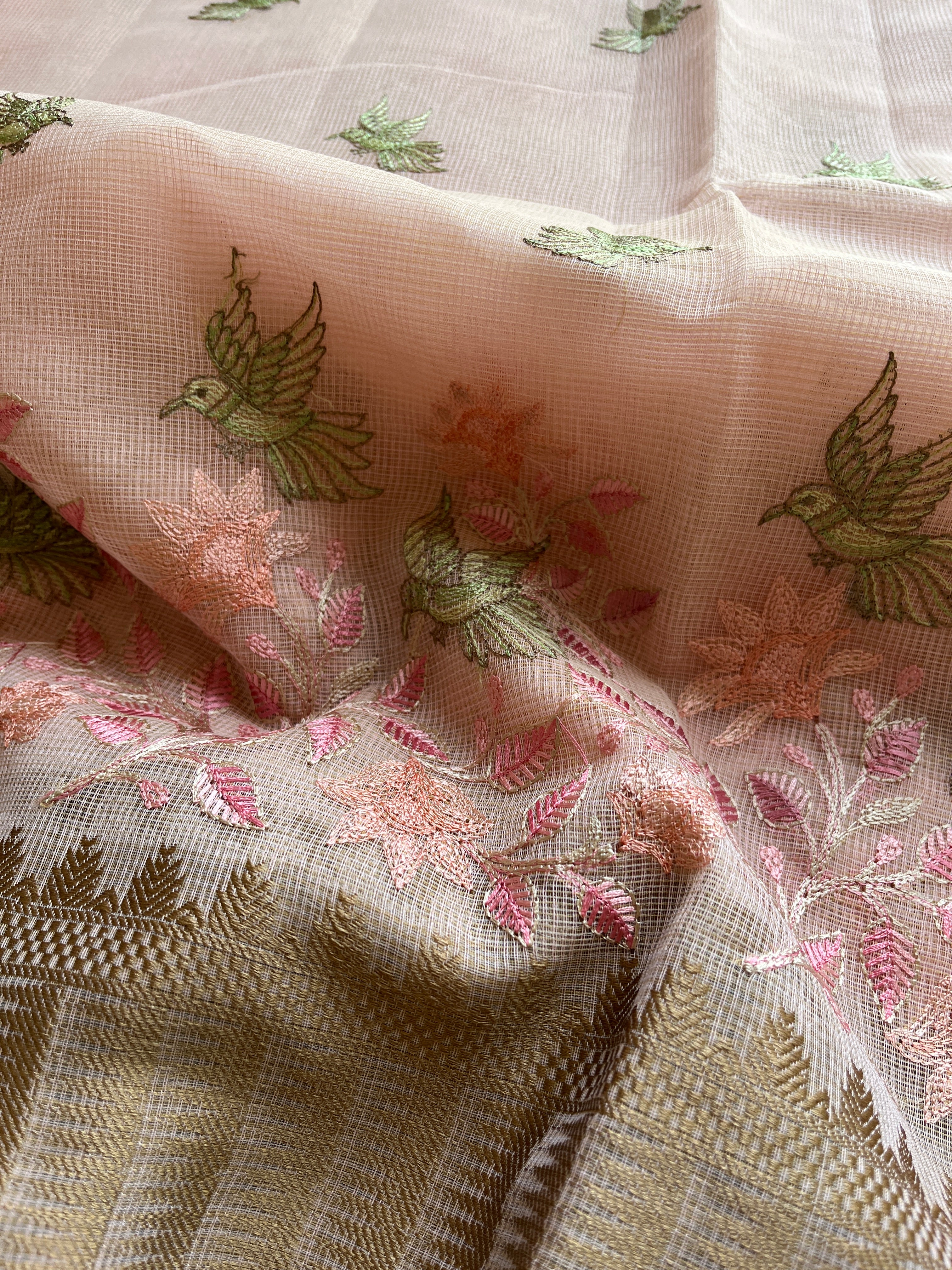 Soft Pink linen blend embroidered saree
