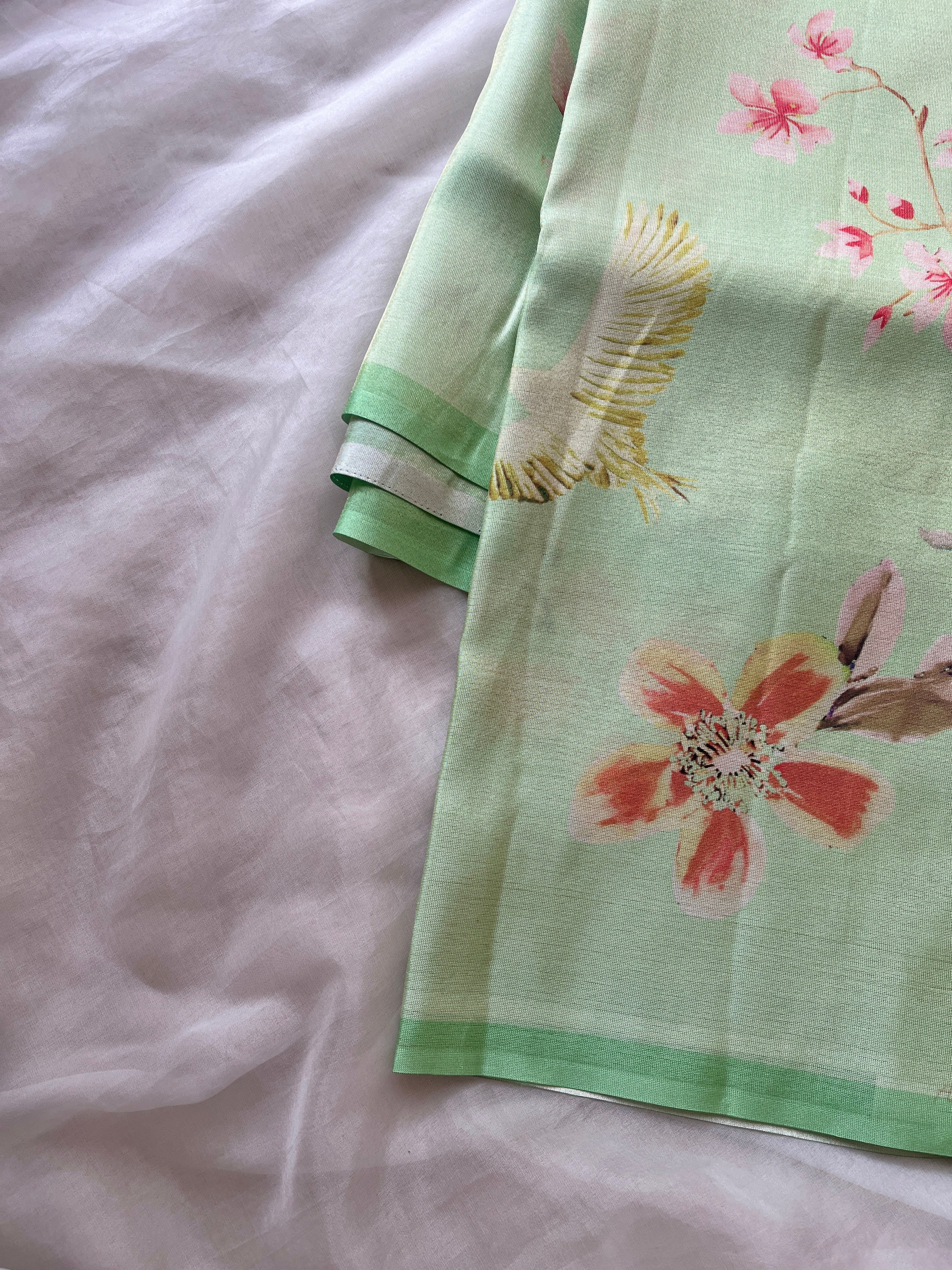 Green Tussar floral printed saree