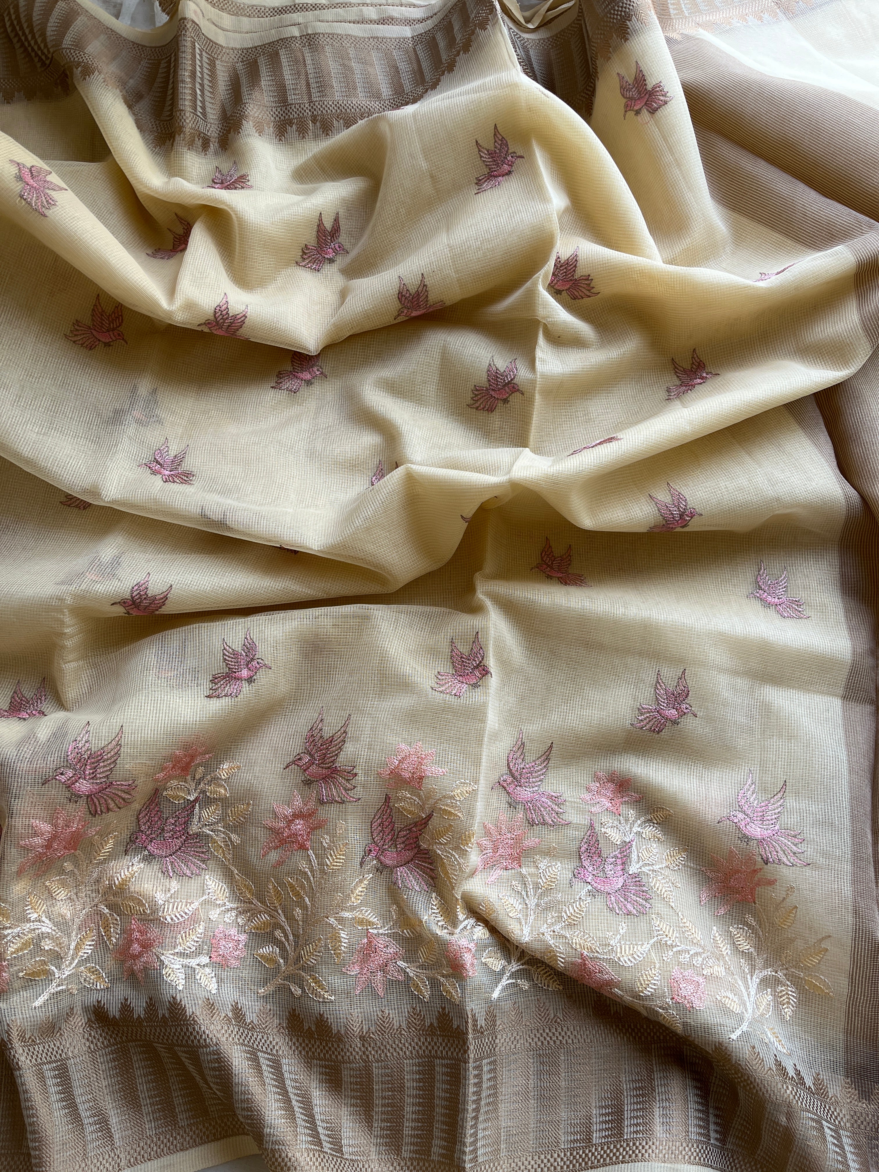 Butter yellow linen blend embroidered saree