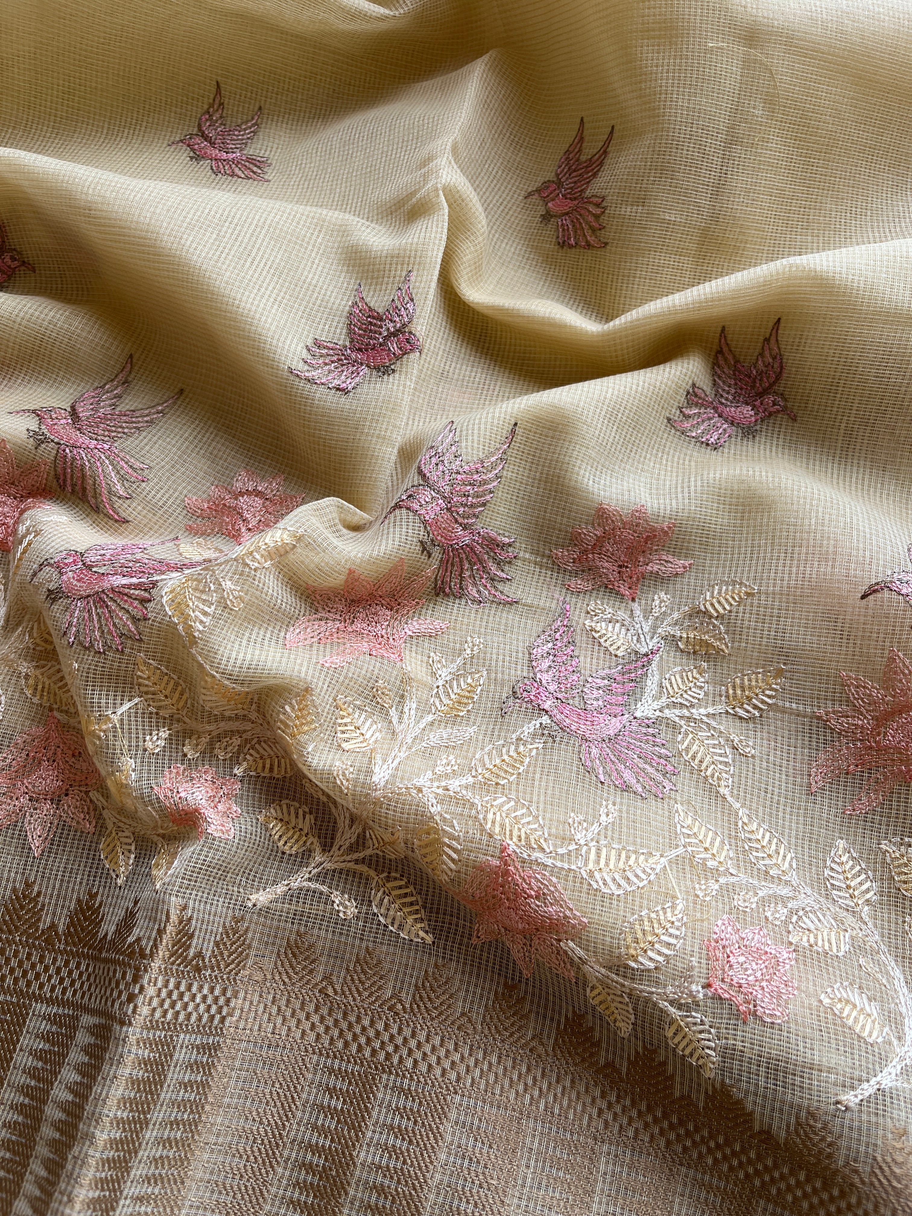 Butter yellow linen blend embroidered saree