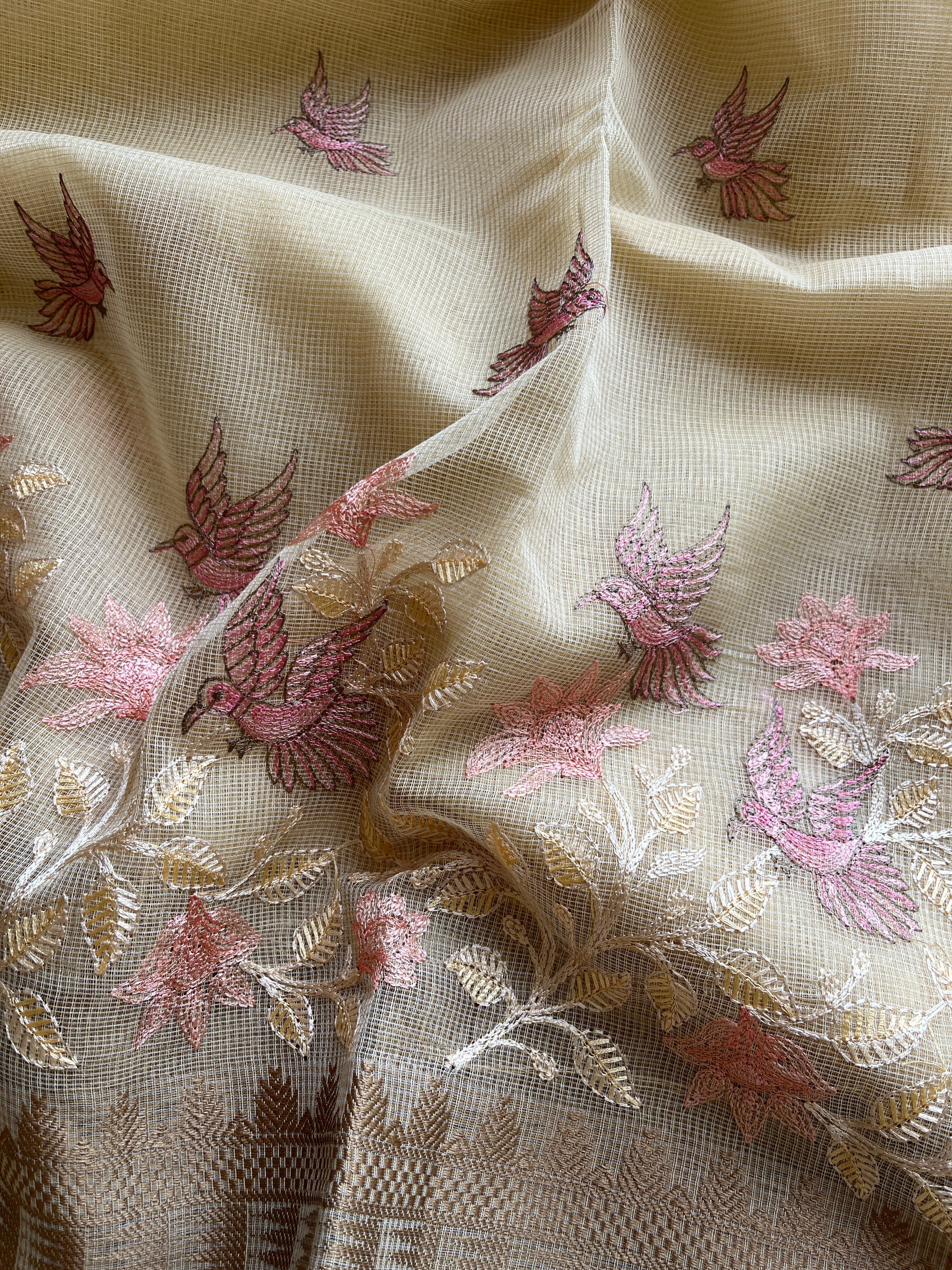 Butter yellow linen blend embroidered saree