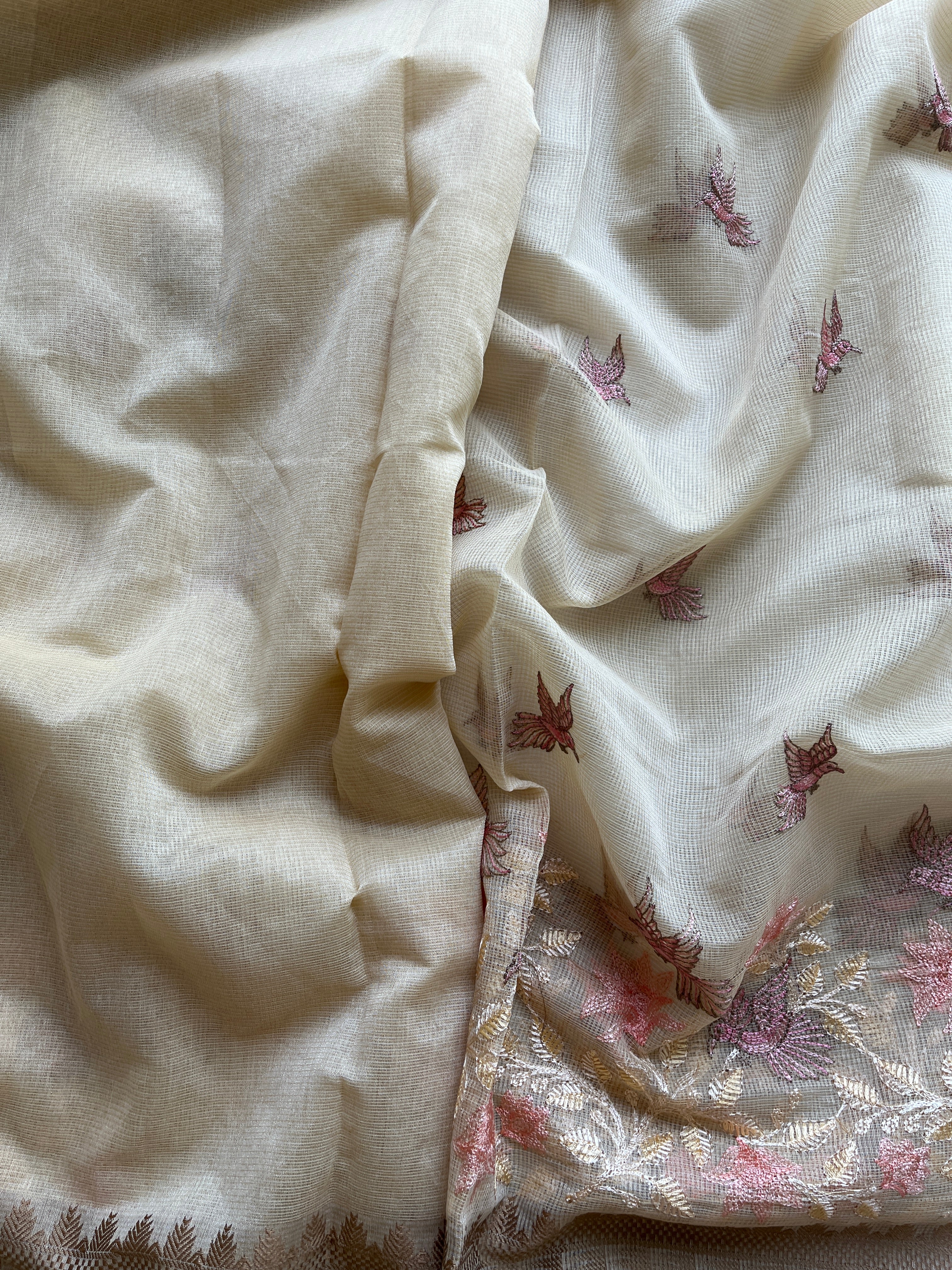 Butter yellow linen blend embroidered saree