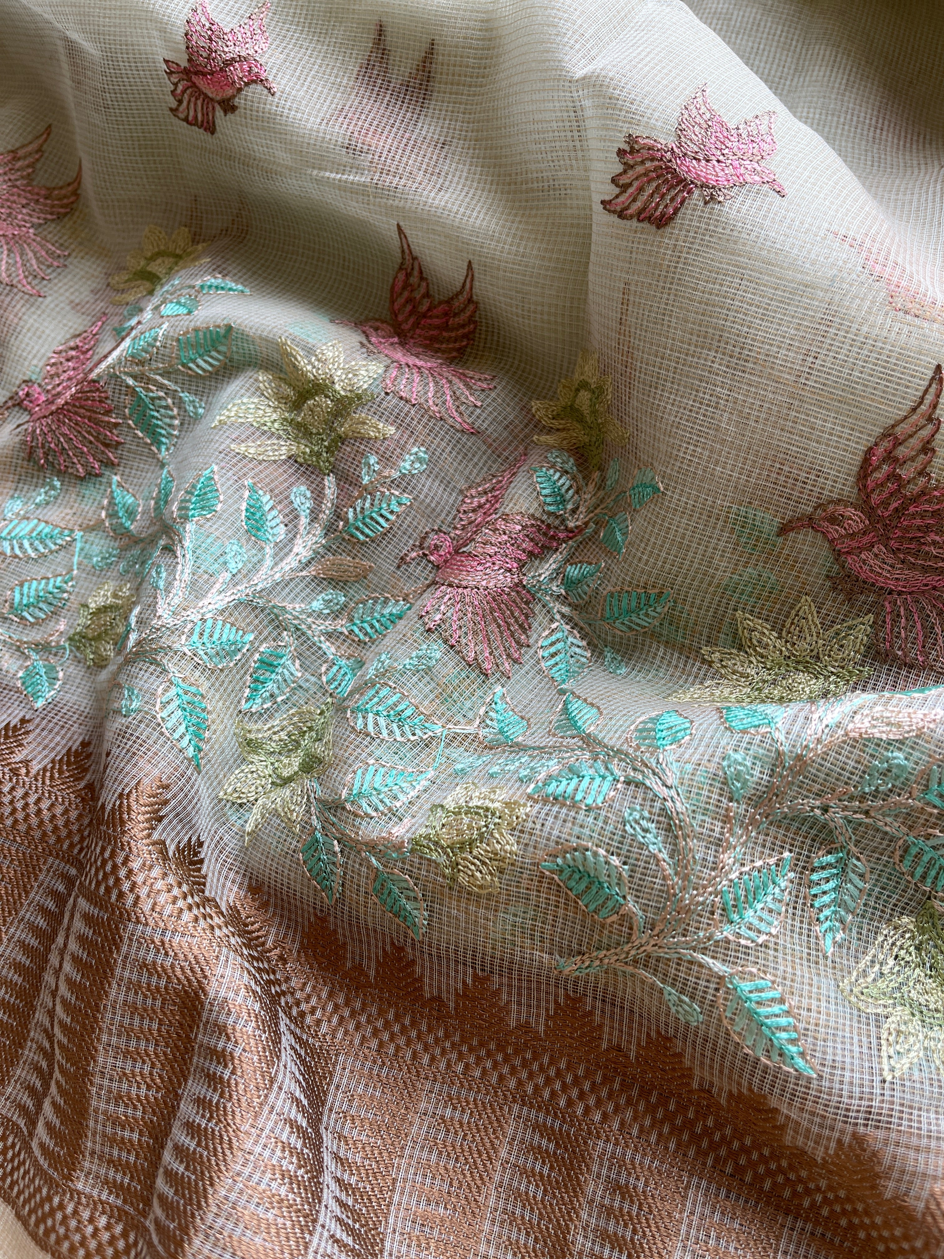 Powder blue  linen blend embroidered saree