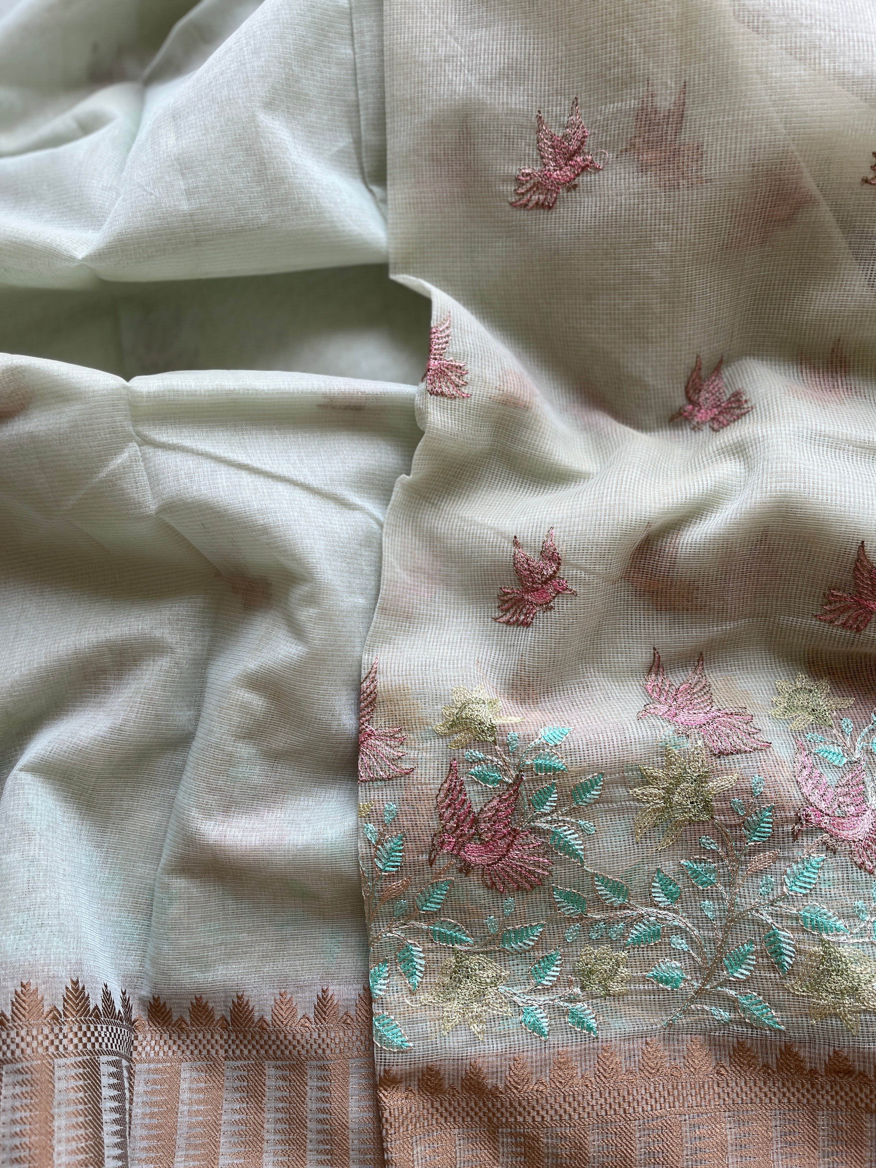 Powder blue  linen blend embroidered saree