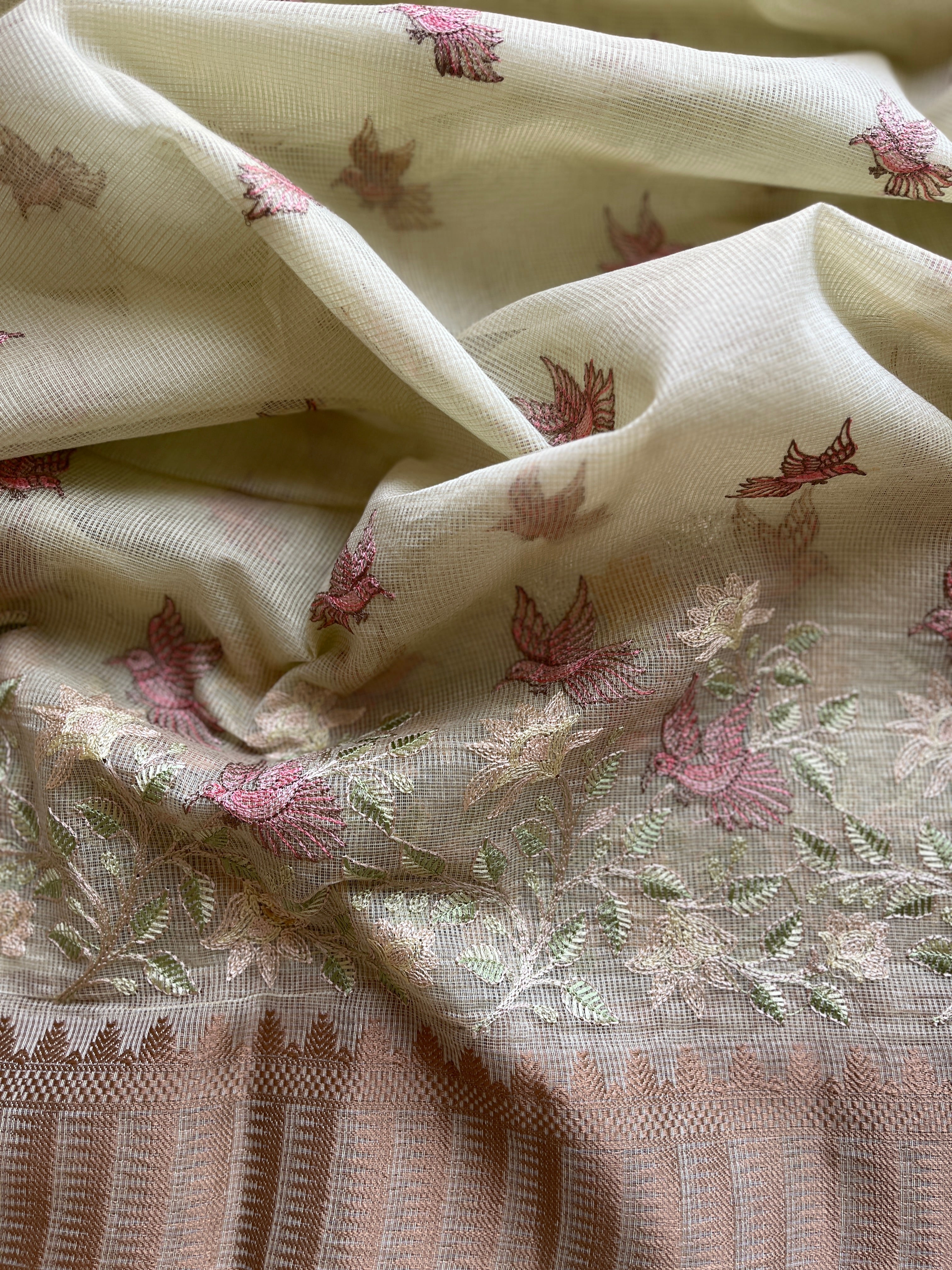 Pastel green  linen blend embroidered saree