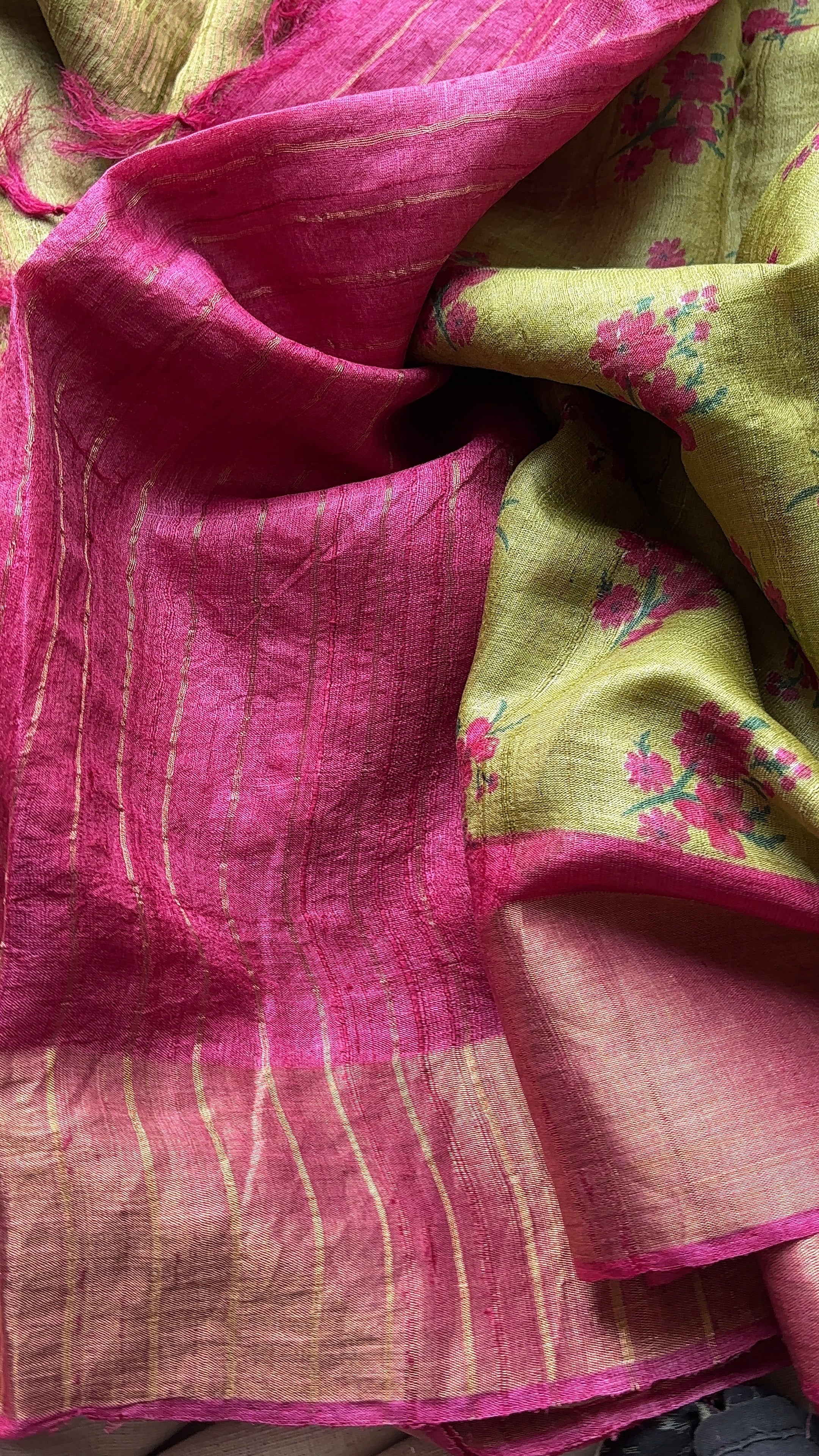 Pastel Green with Pink Border Tussar Saree