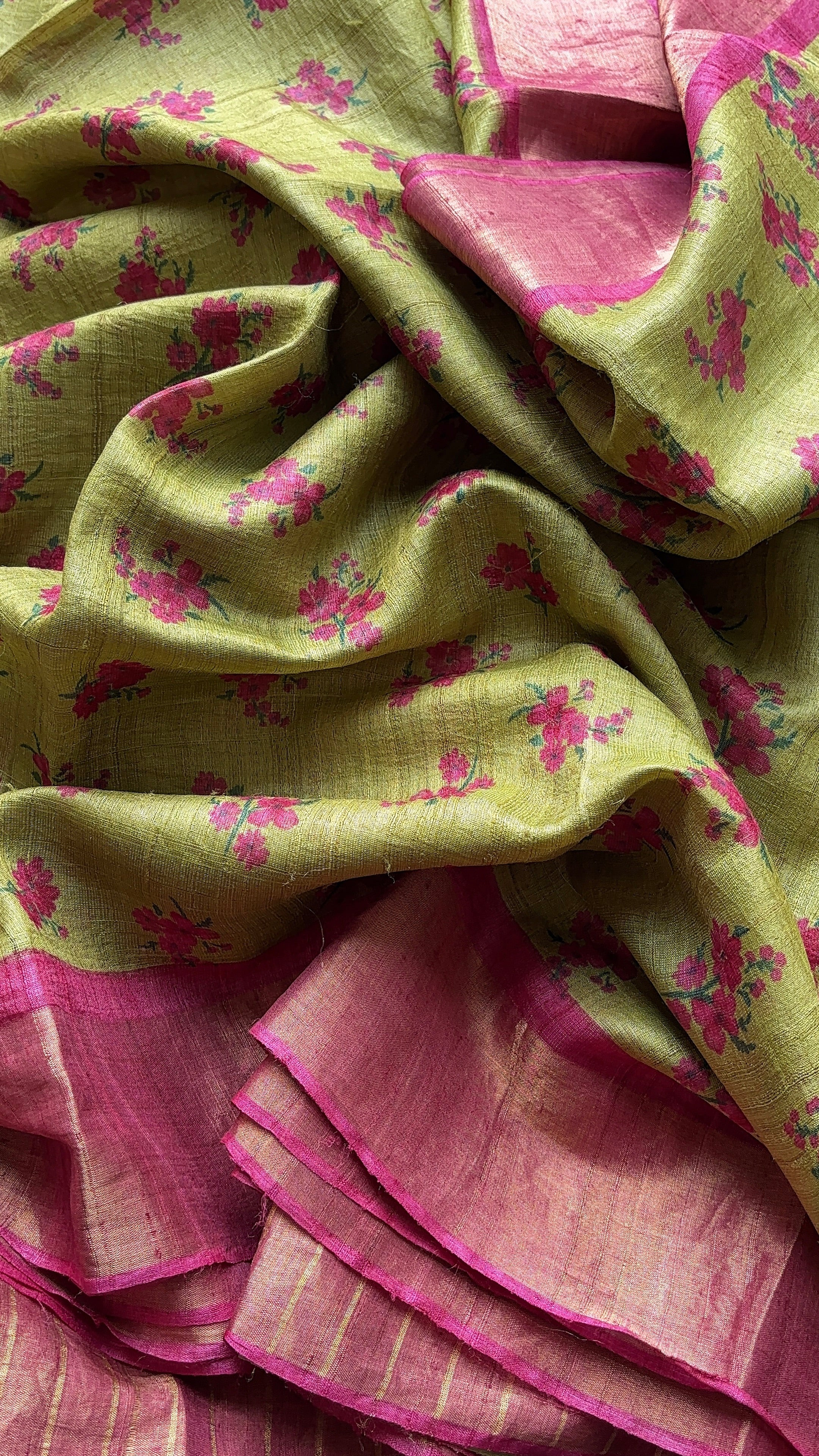 Pastel Green with Pink Border Tussar Saree
