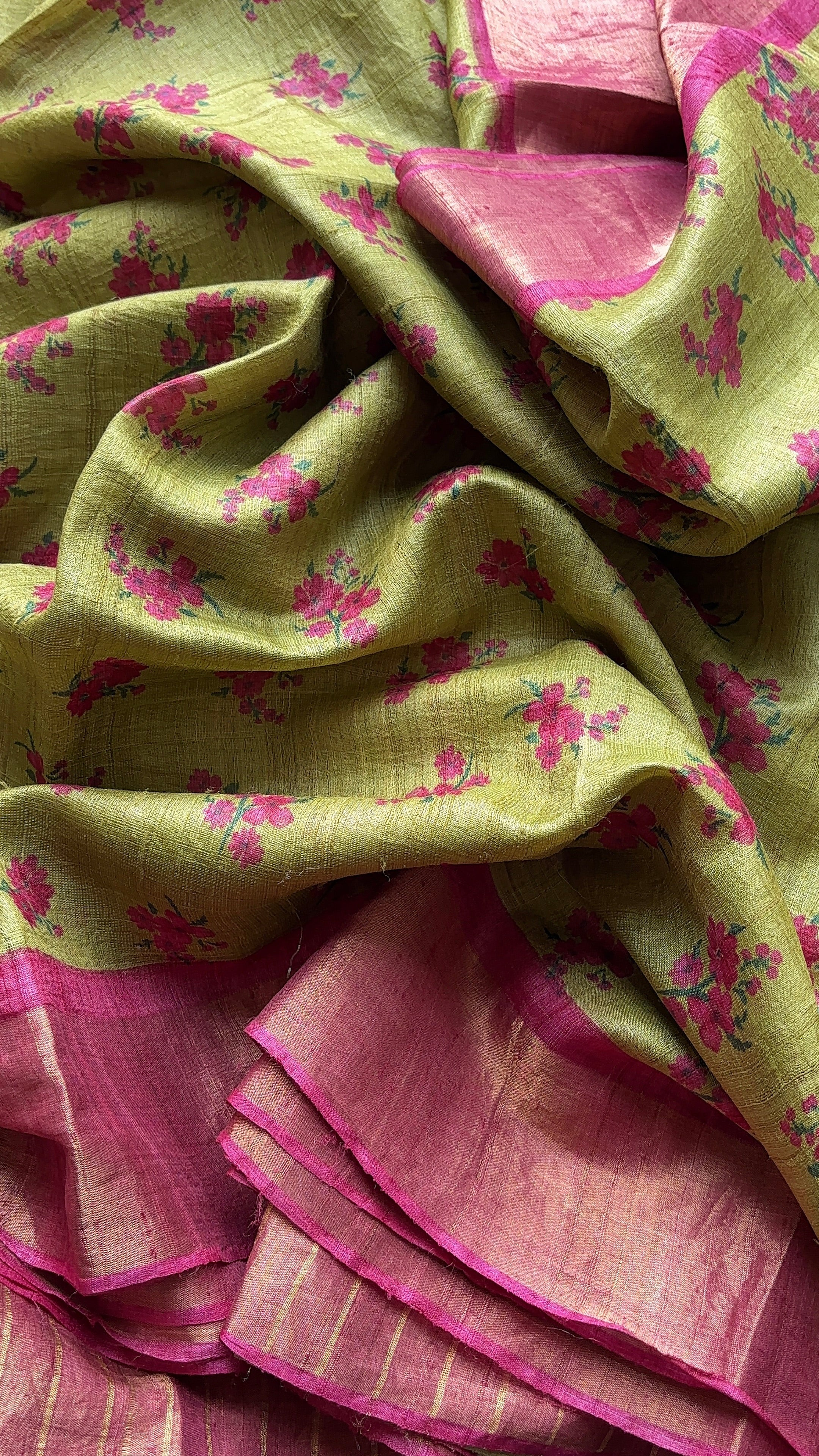 Pastel Green with Pink Border Tussar Saree