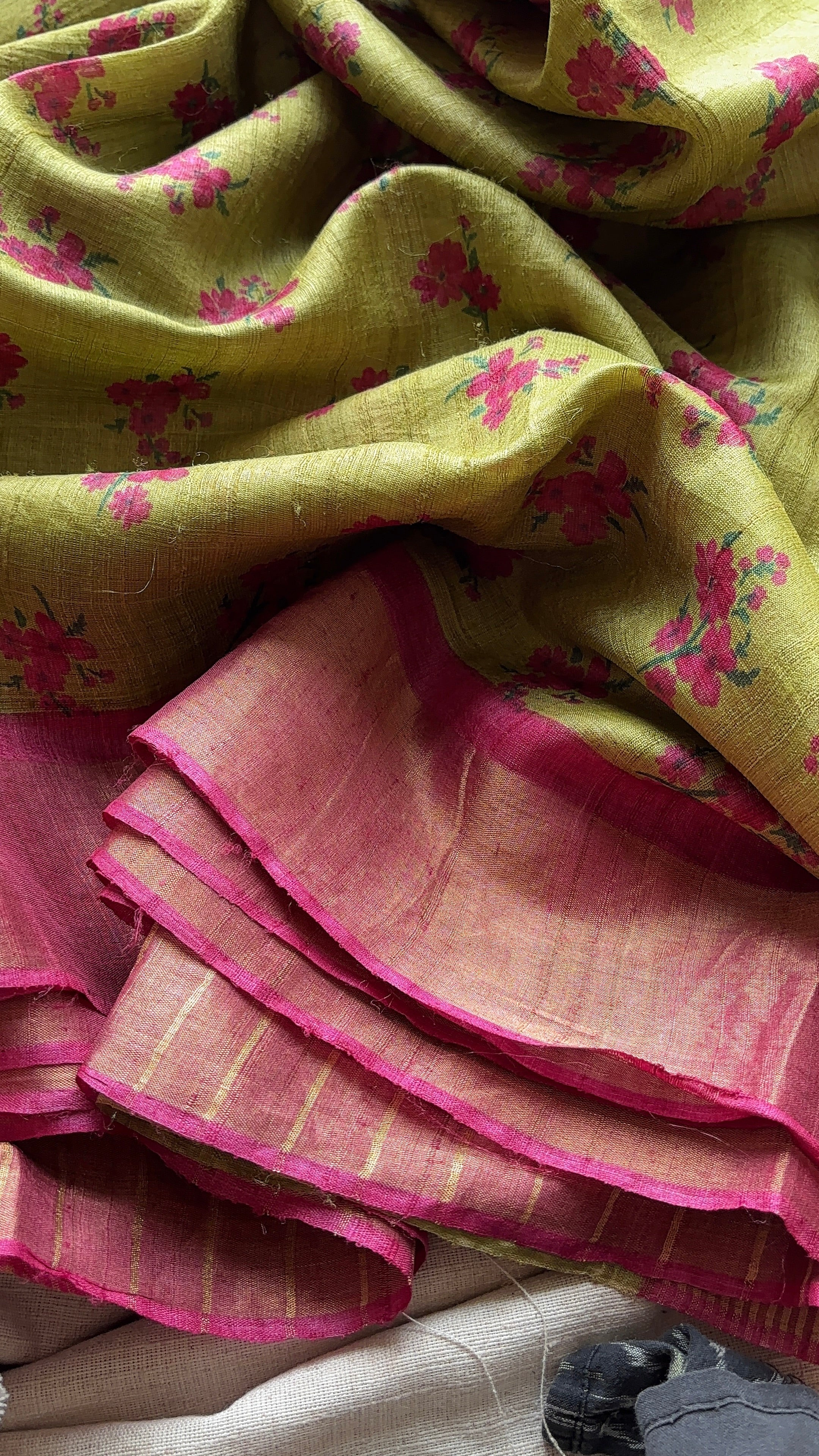 Pastel Green with Pink Border Tussar Saree