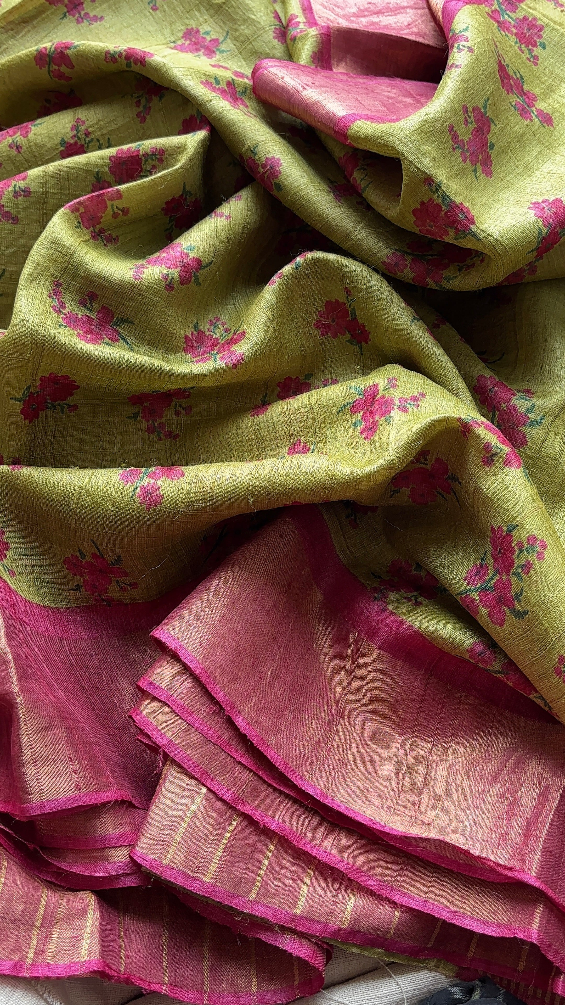 Pastel Green with Pink Border Tussar Saree