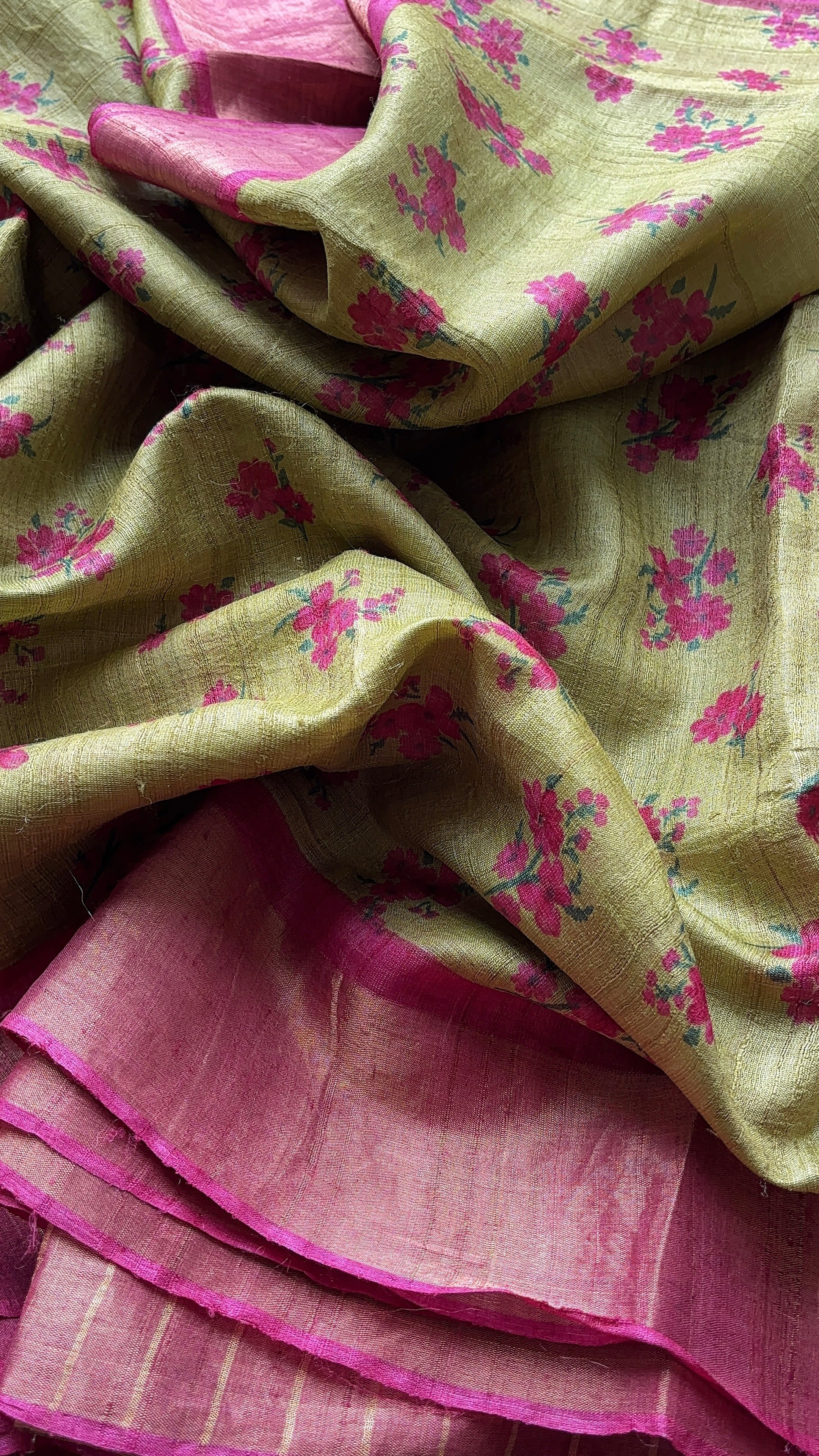 Pastel Green with Pink Border Tussar Saree