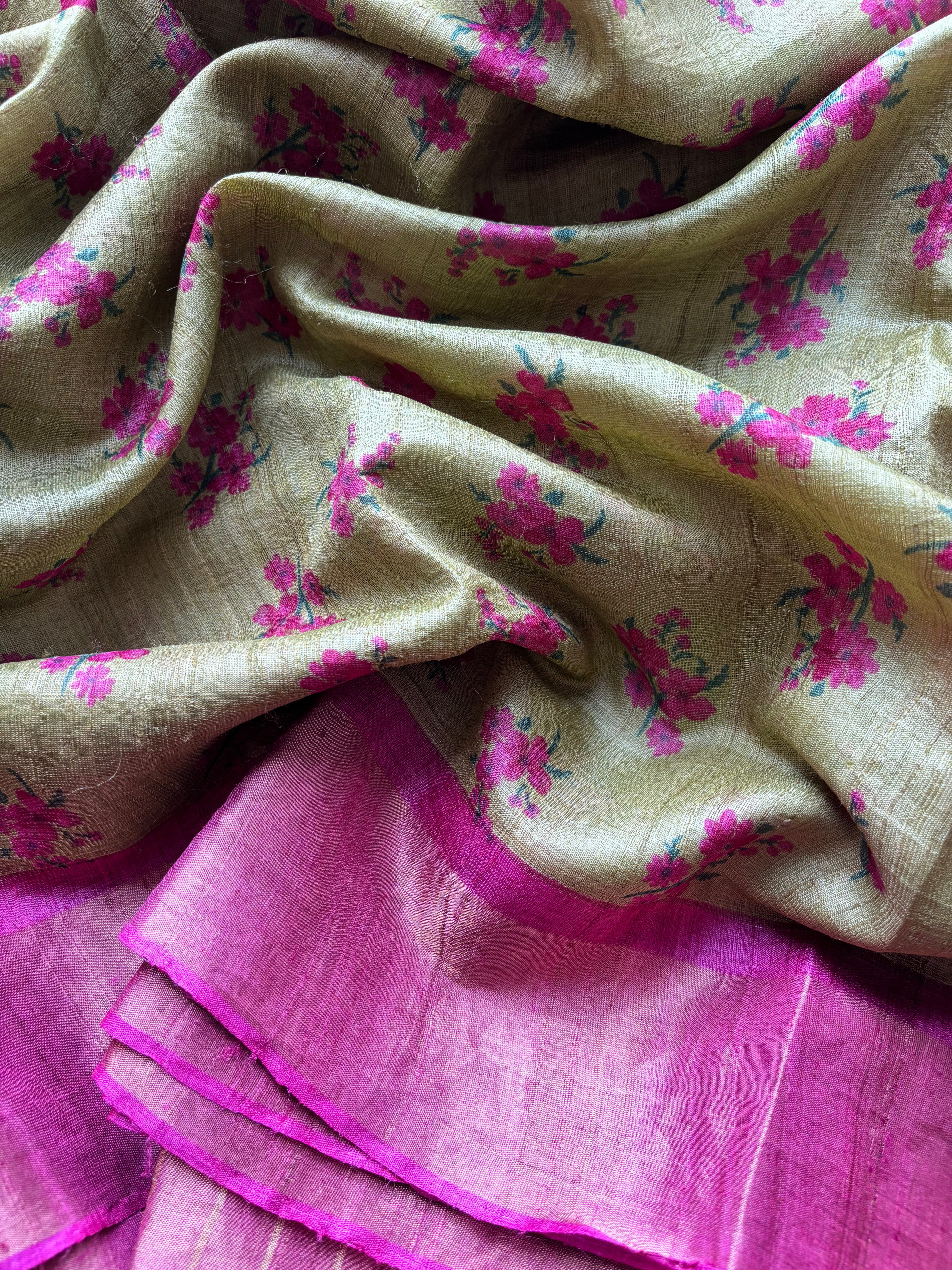 Pastel Green with Pink Border Tussar Saree