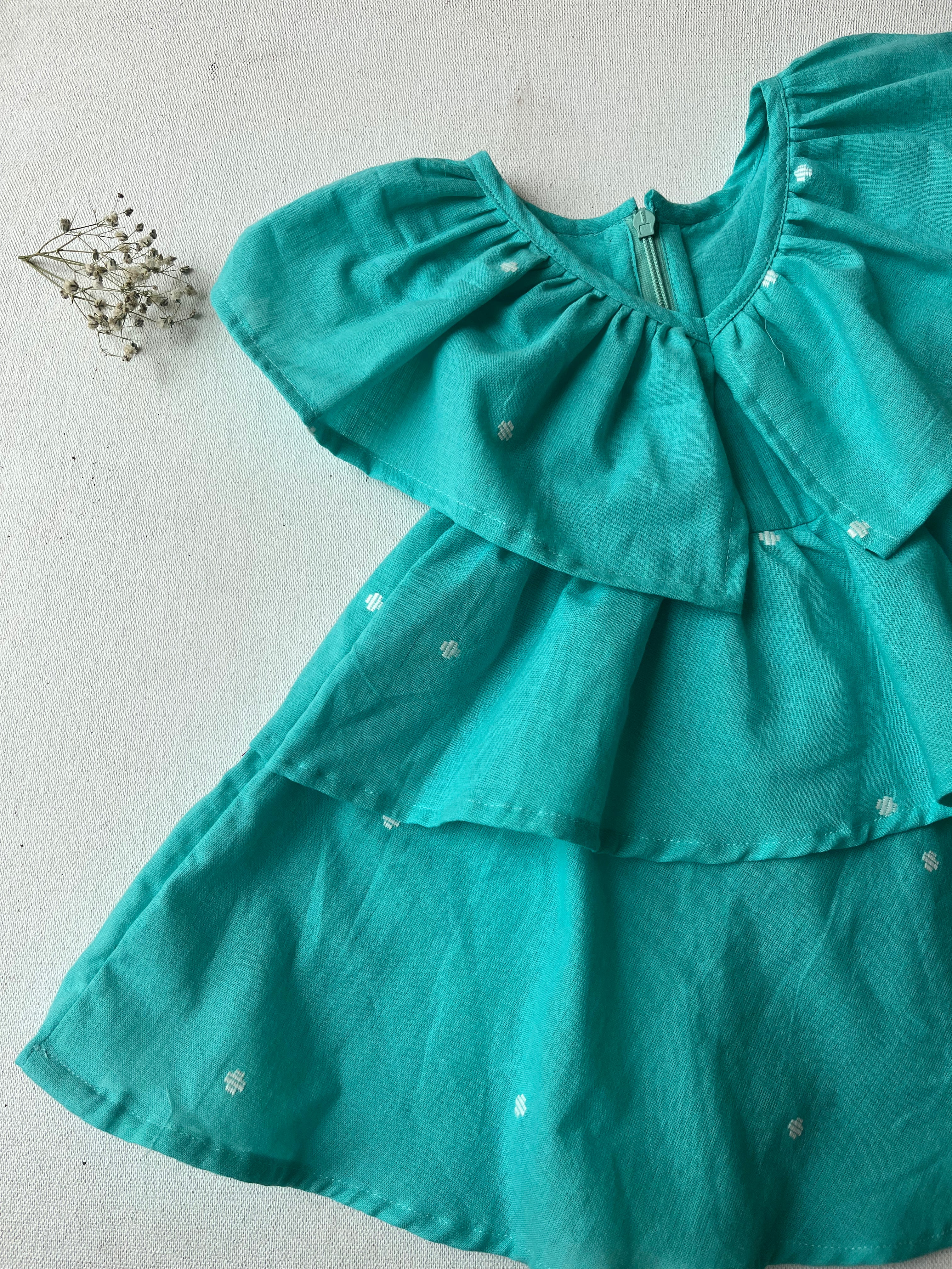 Turquoise Blue Cotton Tie-up Frock