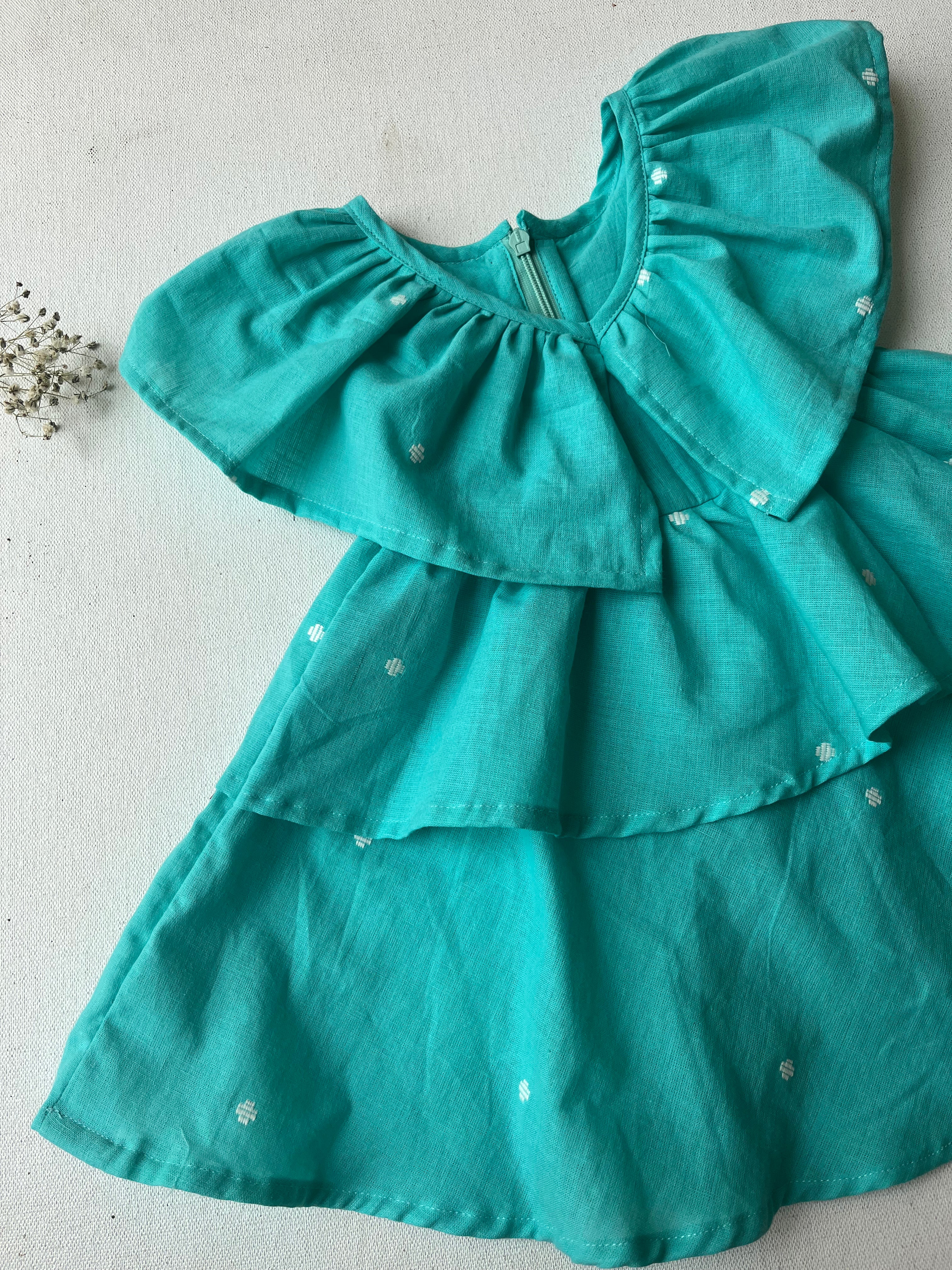 Turquoise Blue Cotton Tie-up Frock