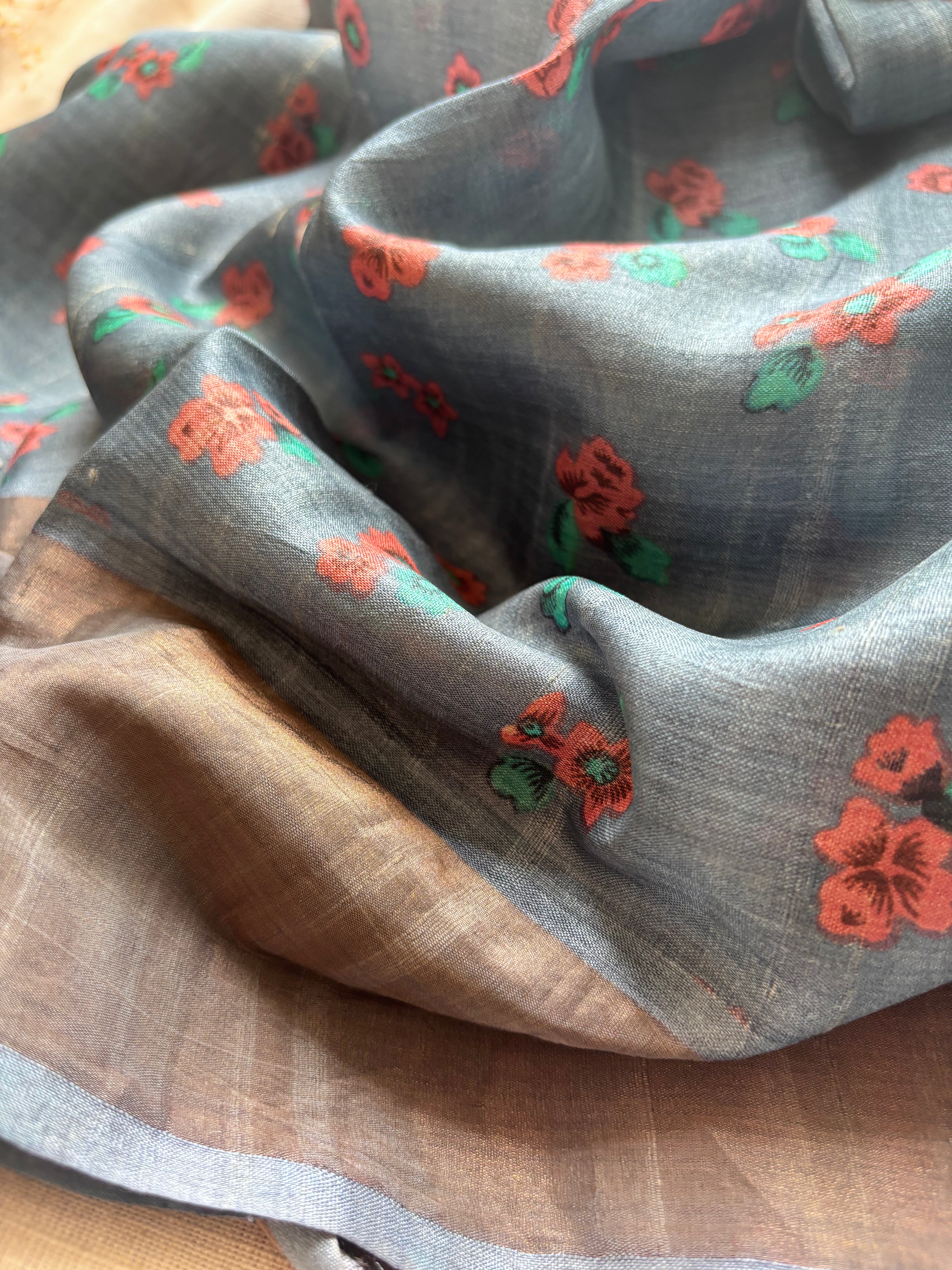 Bluish Grey Tussar Saree