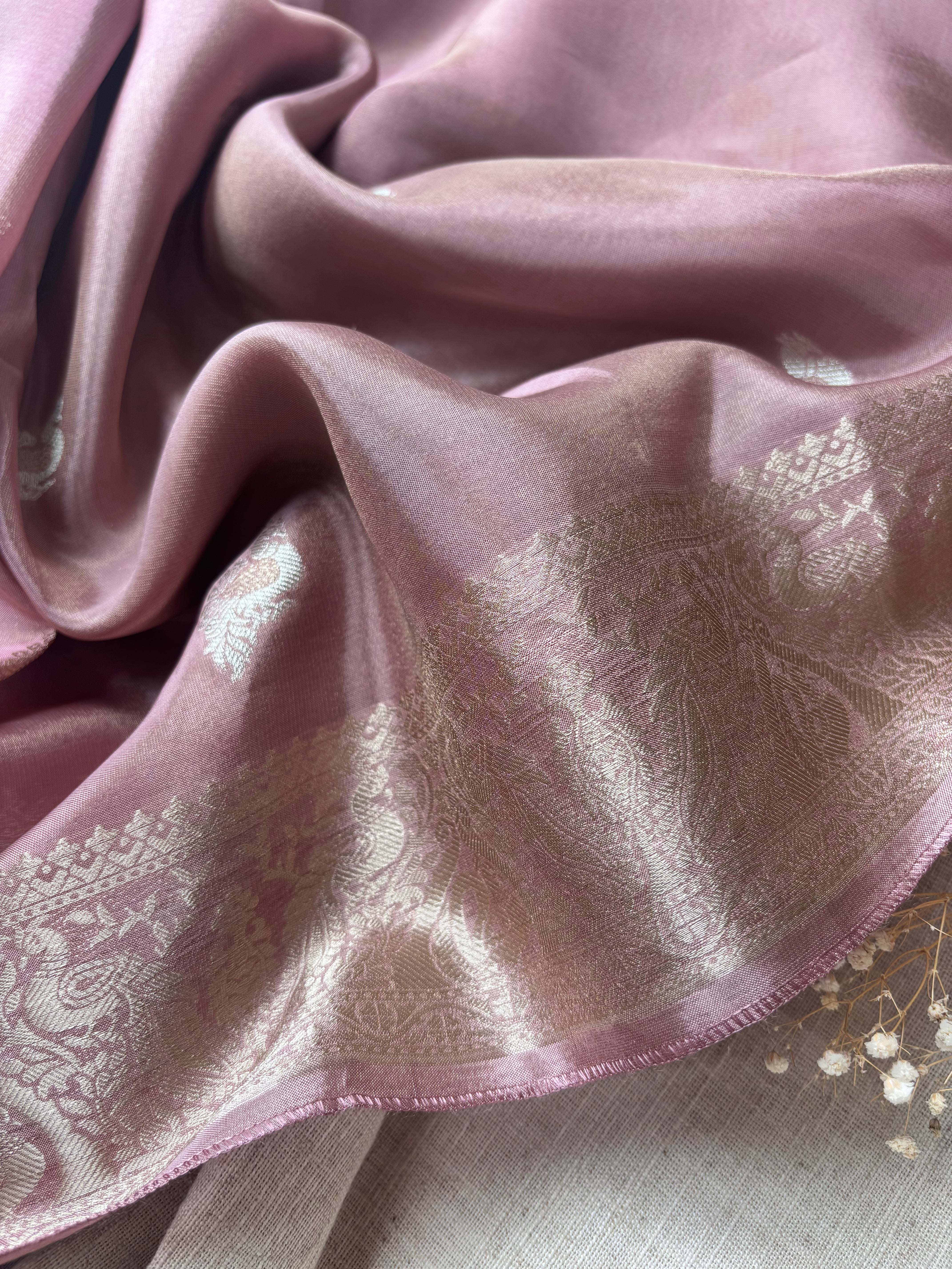 Onion Pink with Green Blouse Tissue Saree