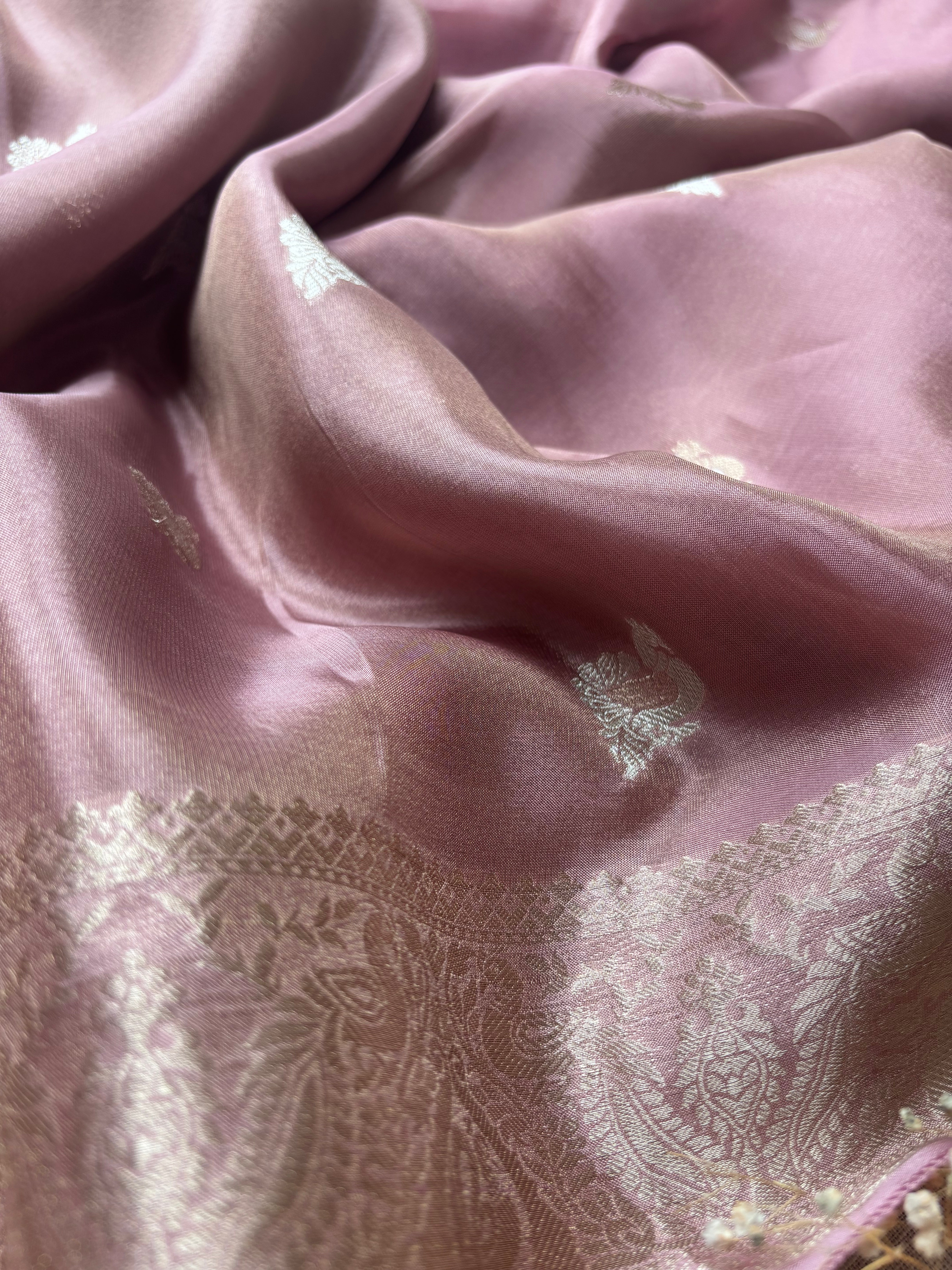 Onion Pink with Green Blouse Tissue Saree