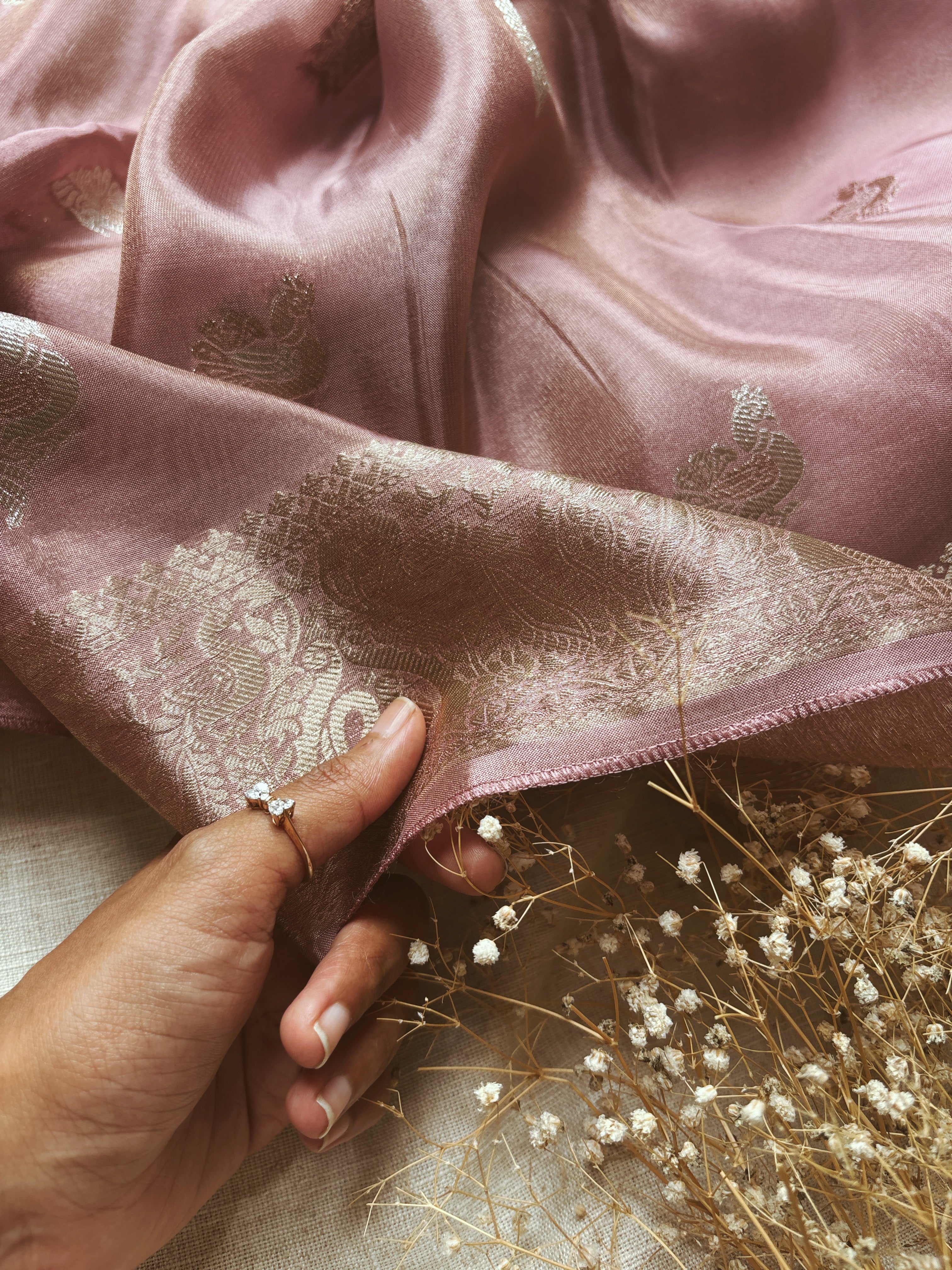 Onion Pink with Green Blouse Tissue Saree