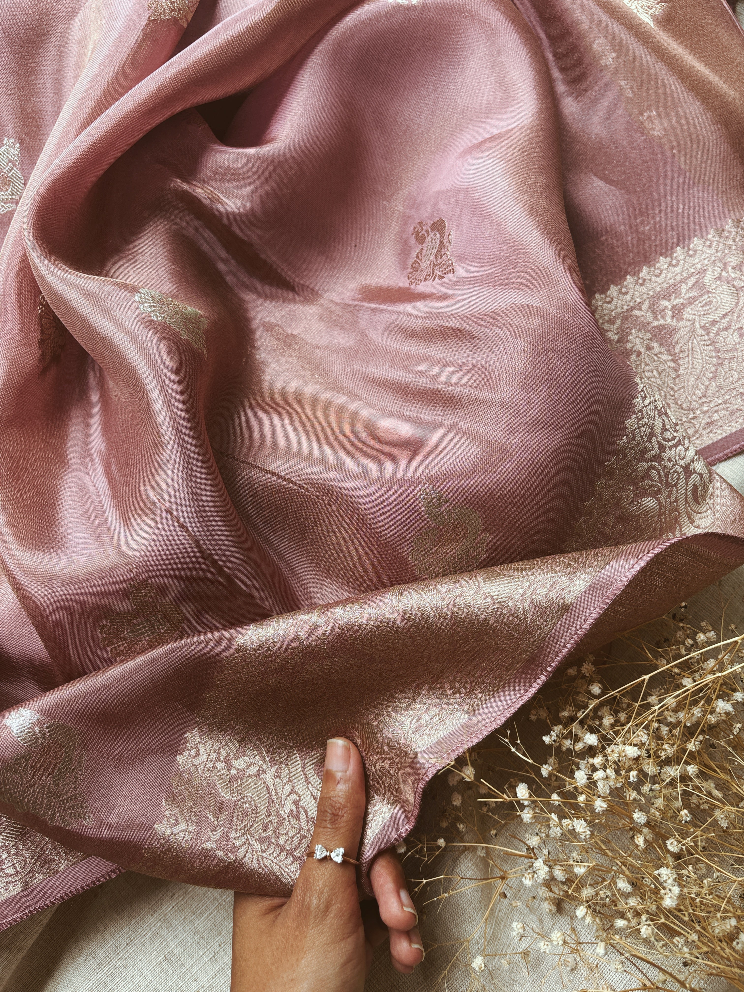 Onion Pink with Green Blouse Tissue Saree