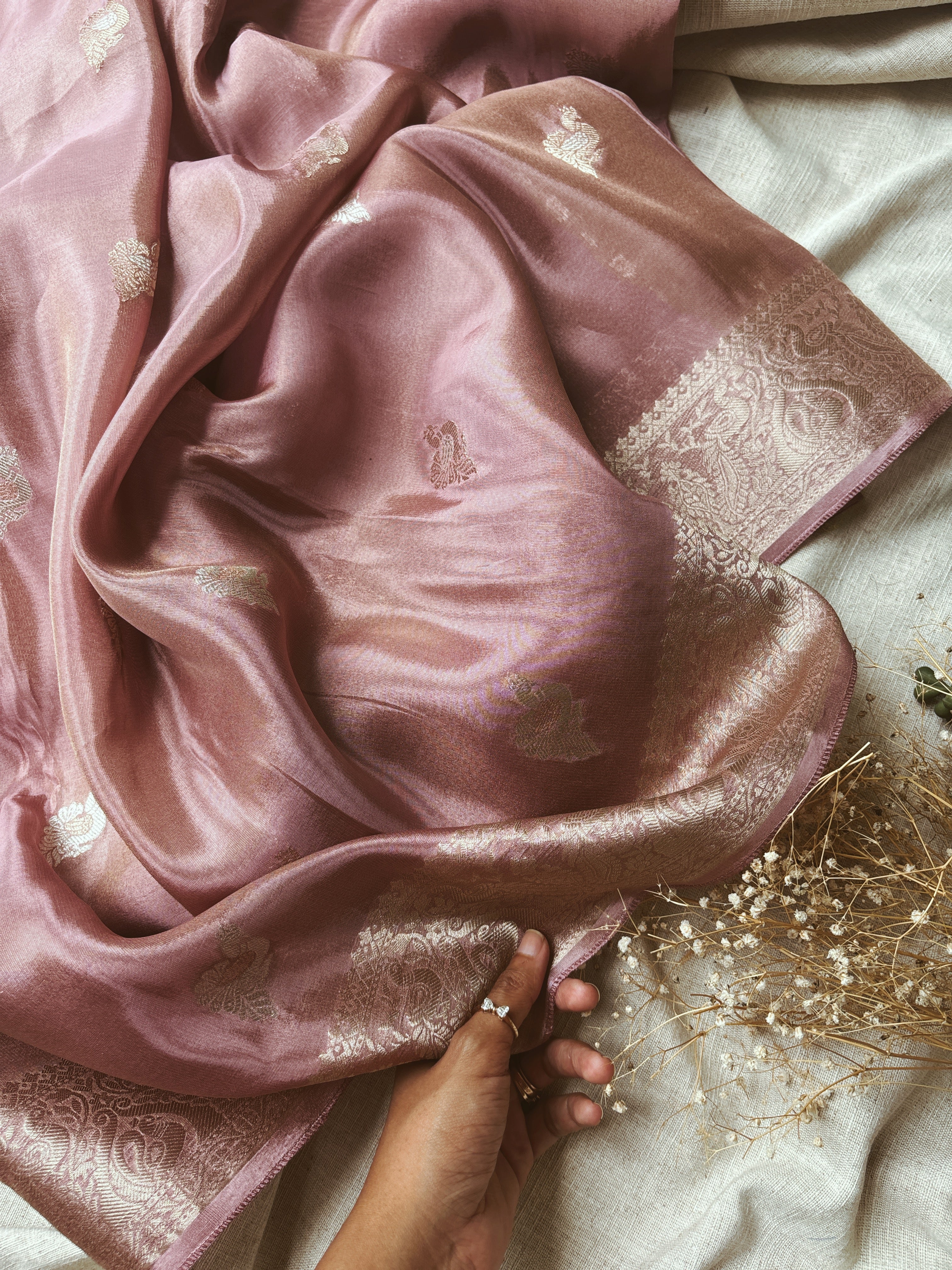 Onion Pink with Green Blouse Tissue Saree