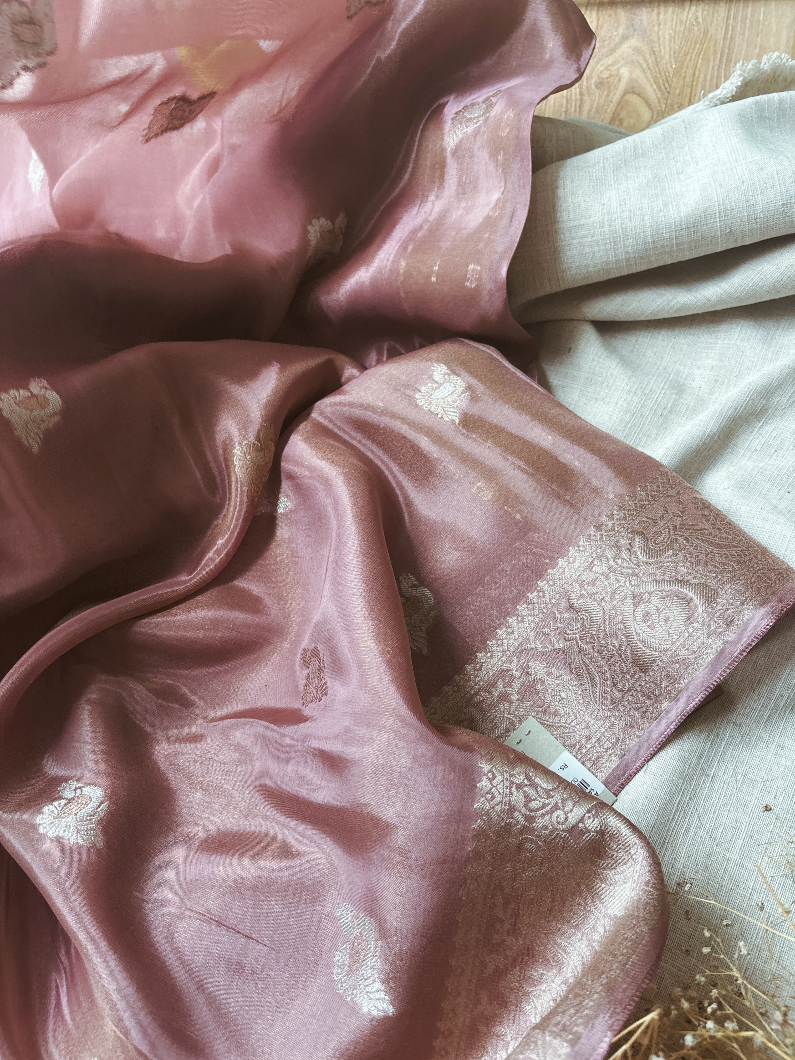 Onion Pink with Green Blouse Tissue Saree