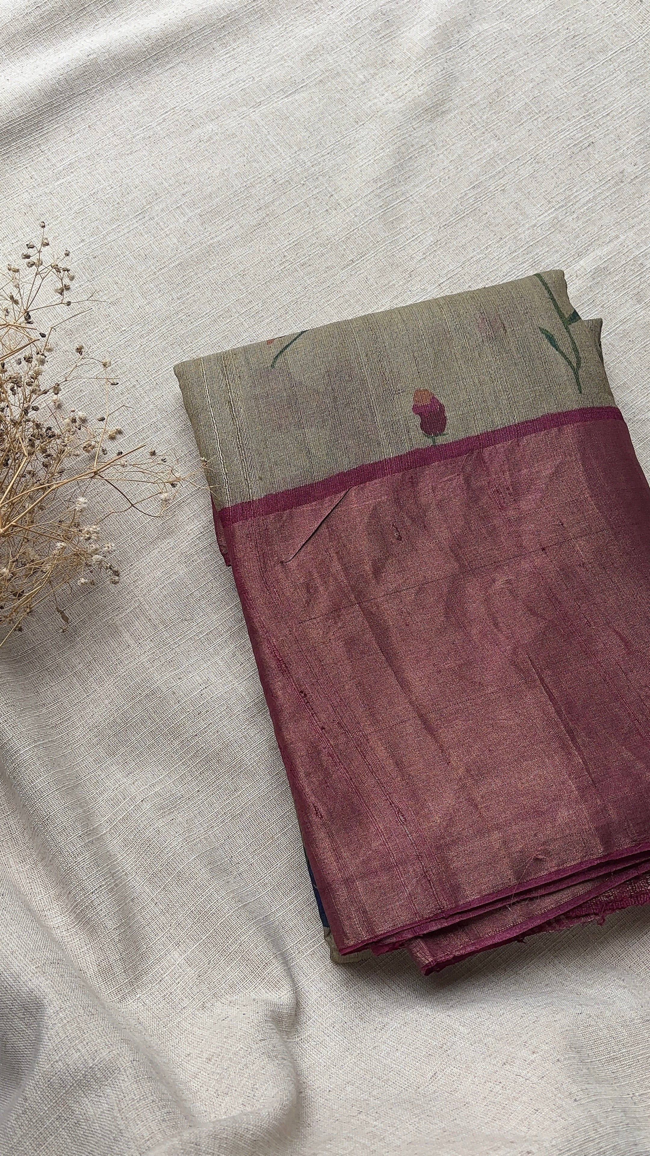 Beige with pink Tussar Saree