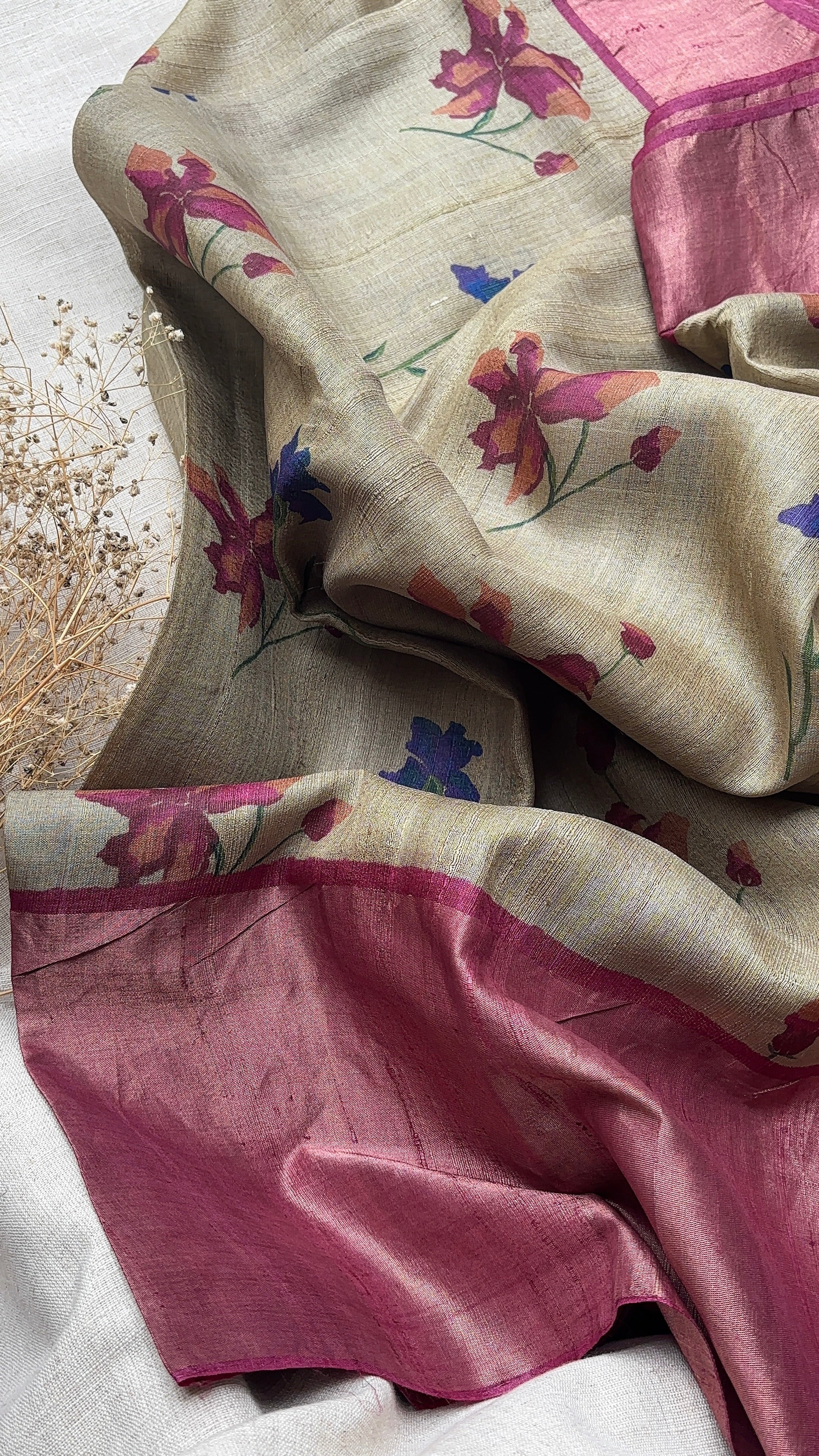 Beige with pink Tussar Saree