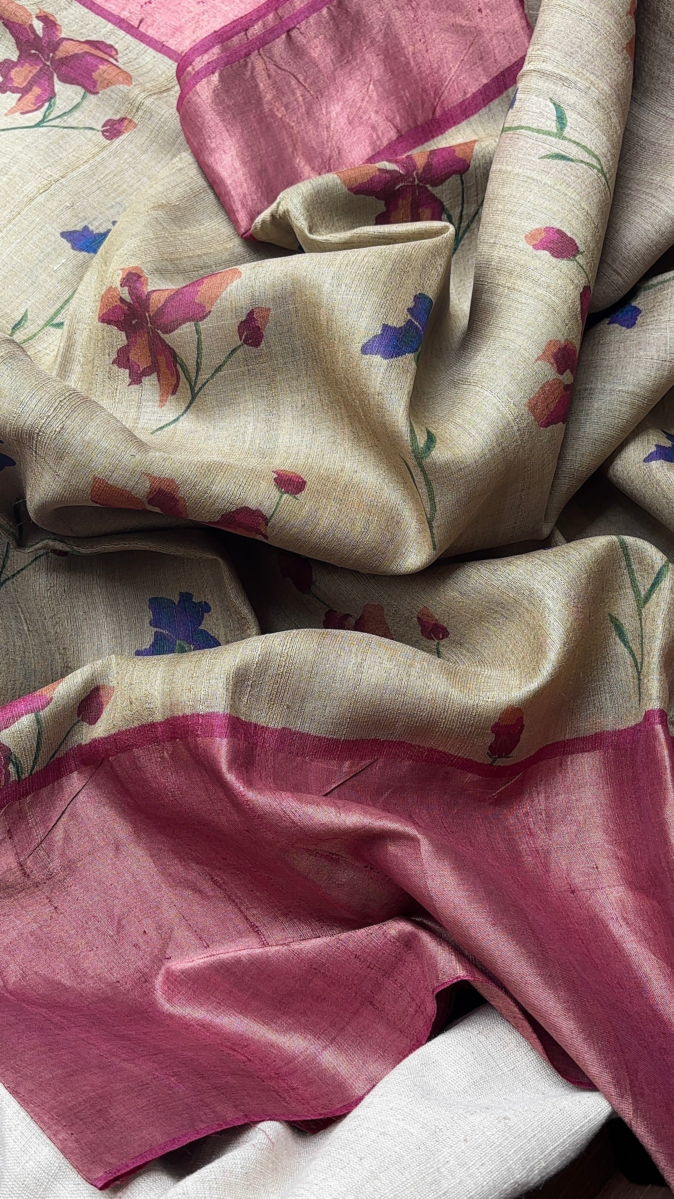 Beige with pink Tussar Saree