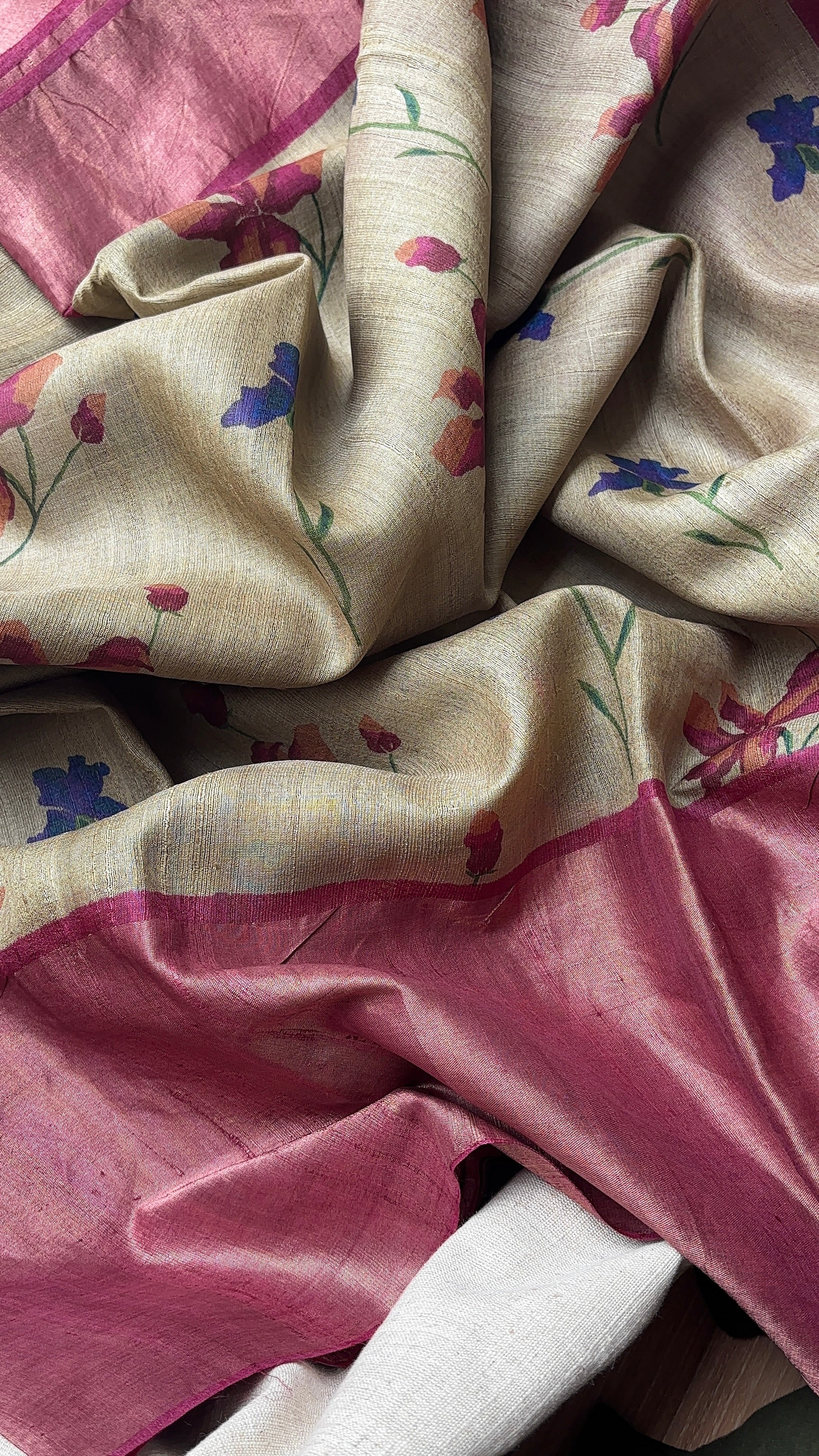 Beige with pink Tussar Saree
