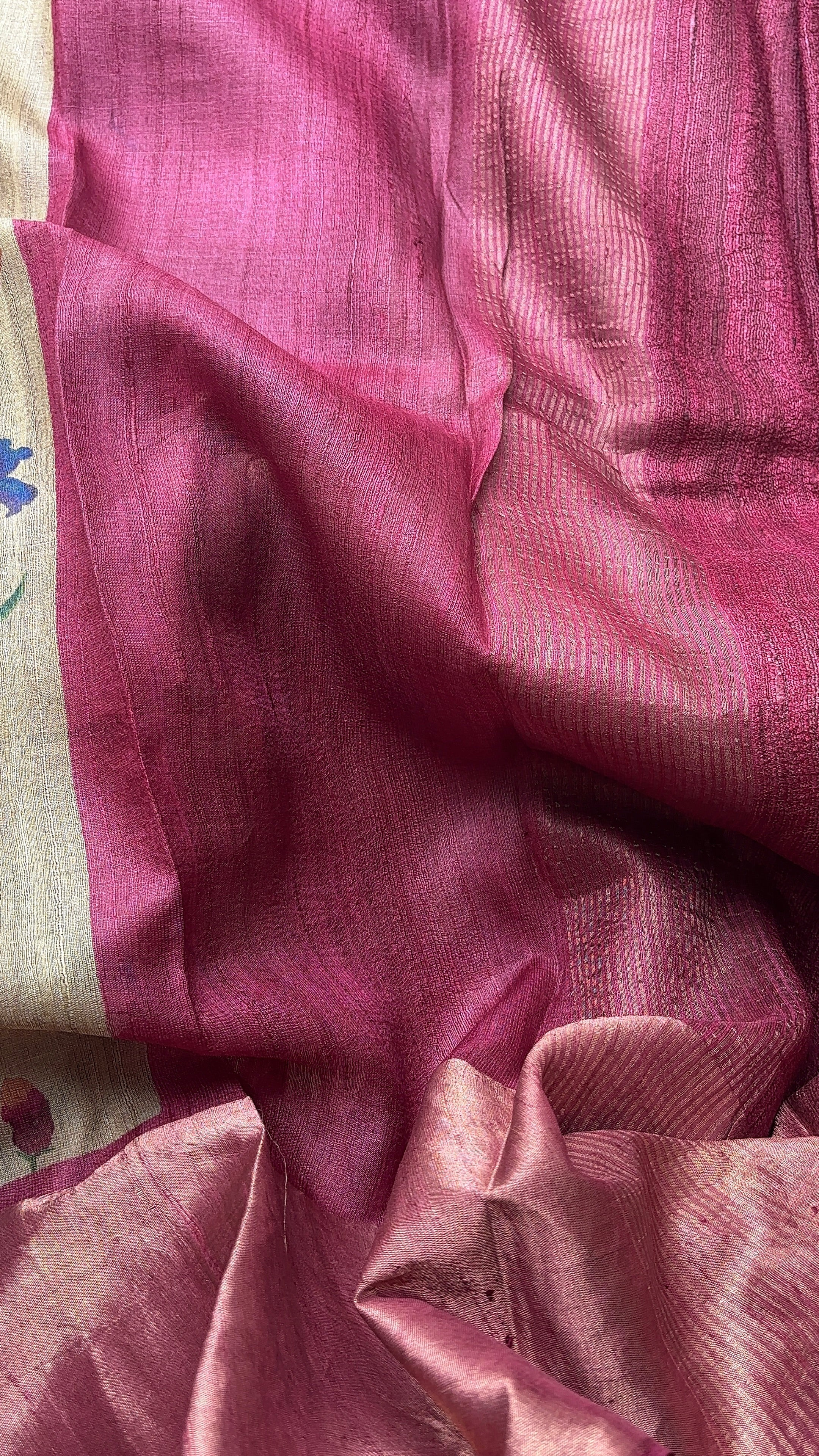 Beige with pink Tussar Saree