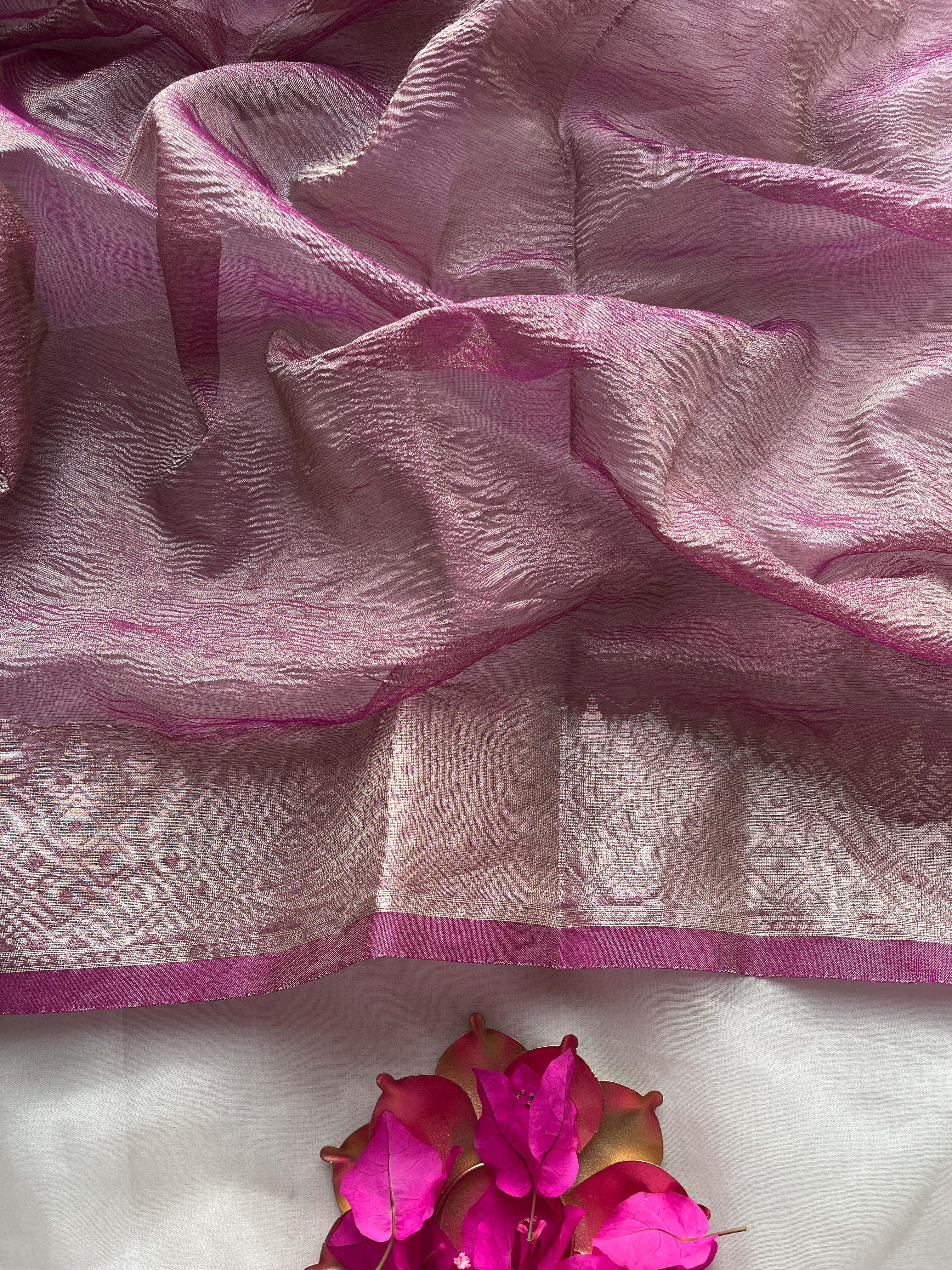 Onion pink Crushed Tissue Saree