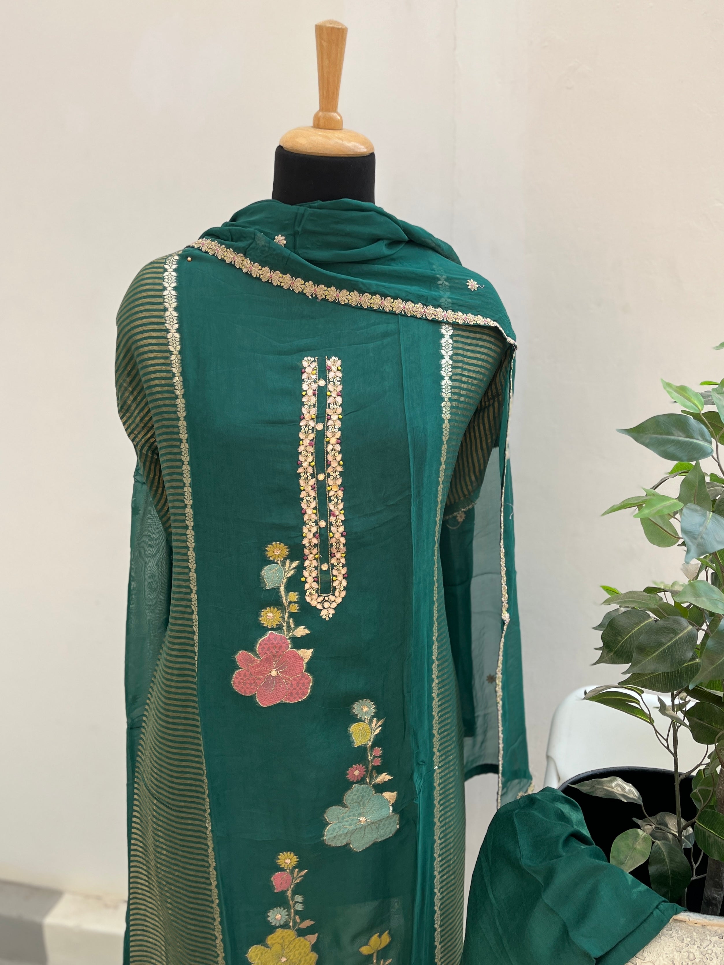 Green zari floral semi stitched suit set