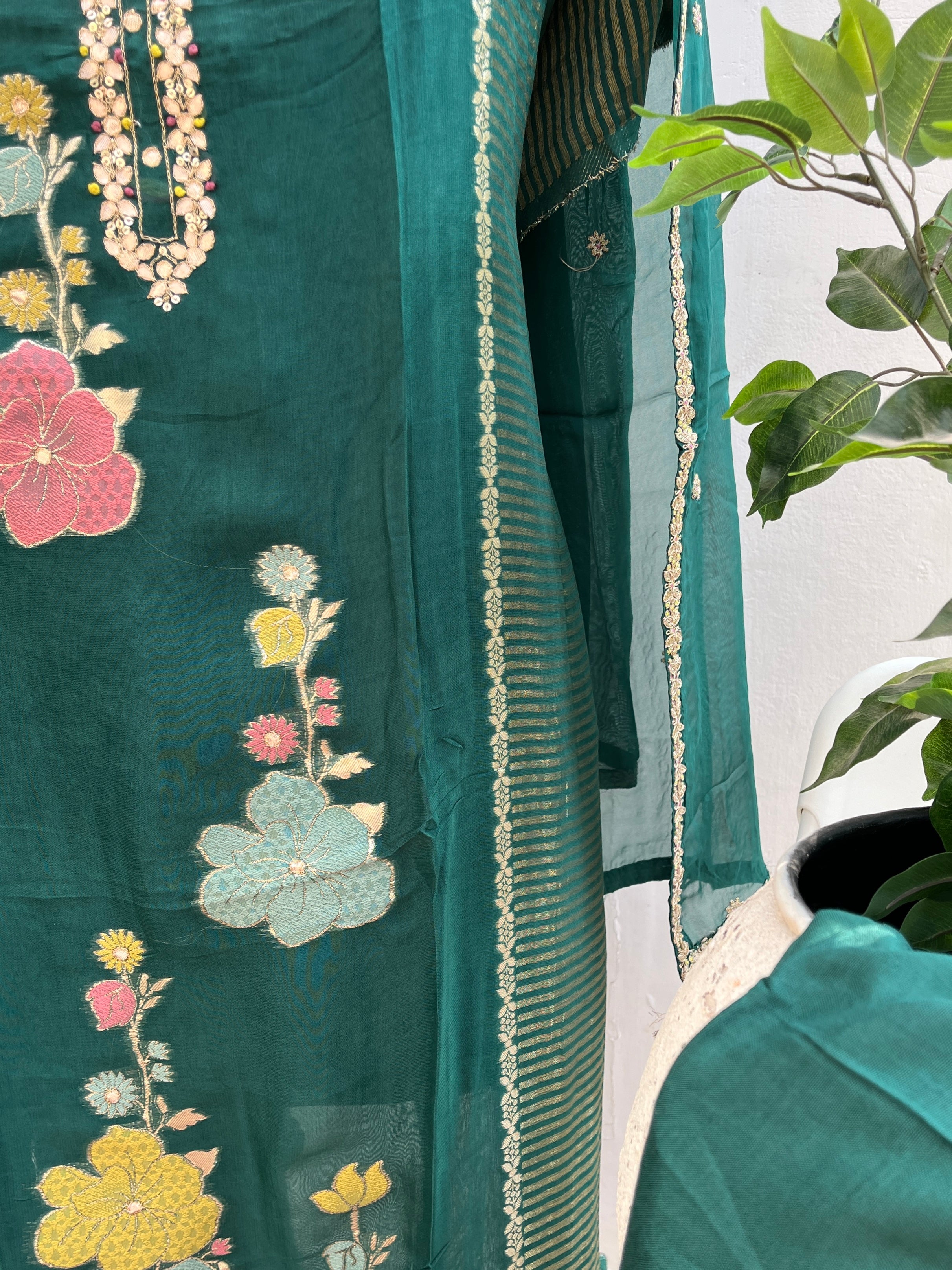 Green zari floral semi stitched suit set