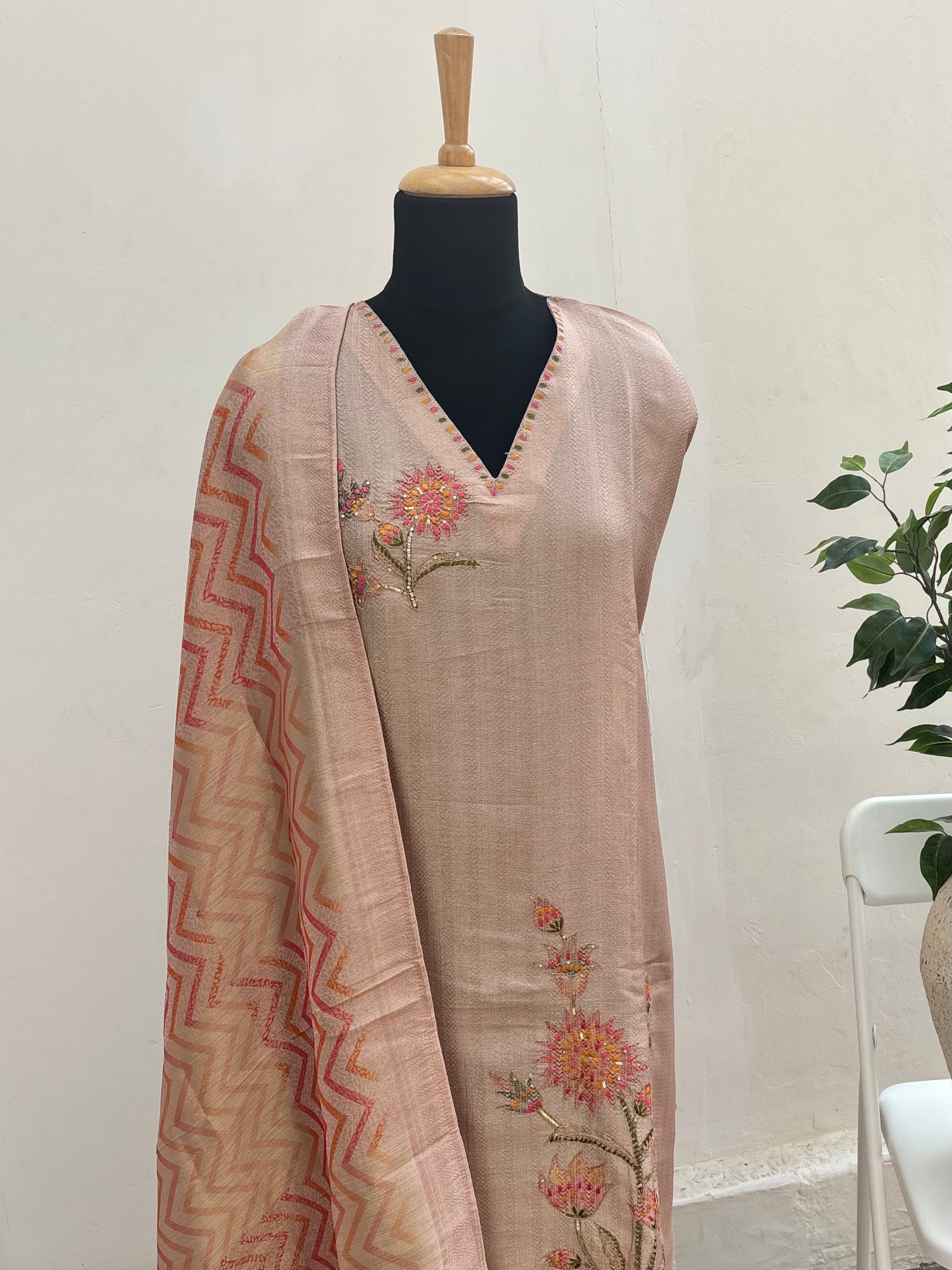 Peach floral semi stitched suit set