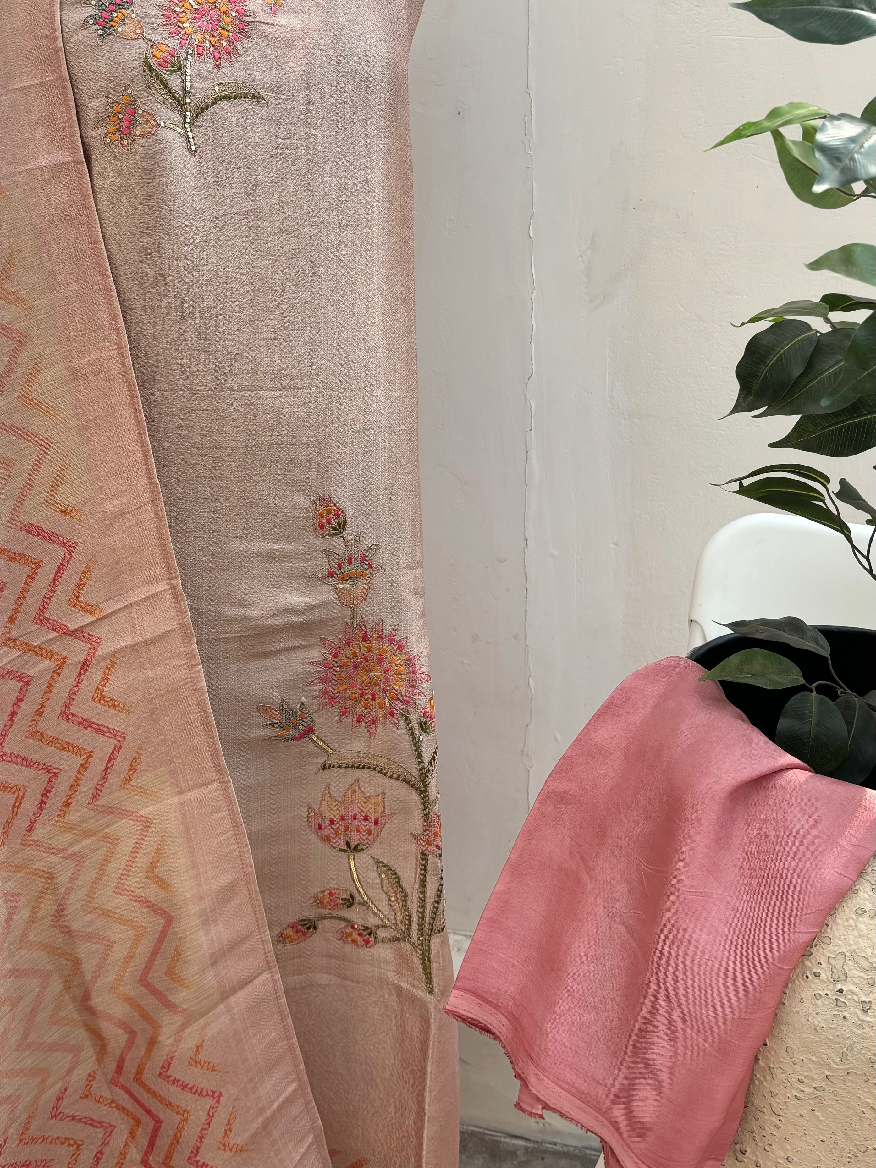 Peach floral semi stitched suit set